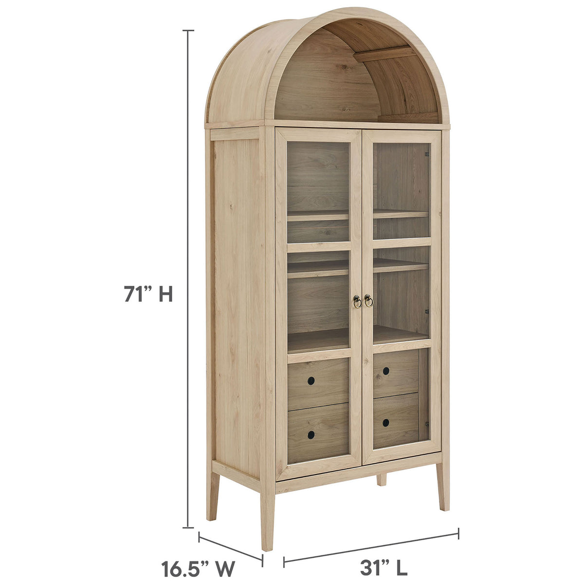 Light oak display cabinet measuring 71 inches tall with a compact 31 inch wide footprint || EEI-6639-LOA || dimension_studio