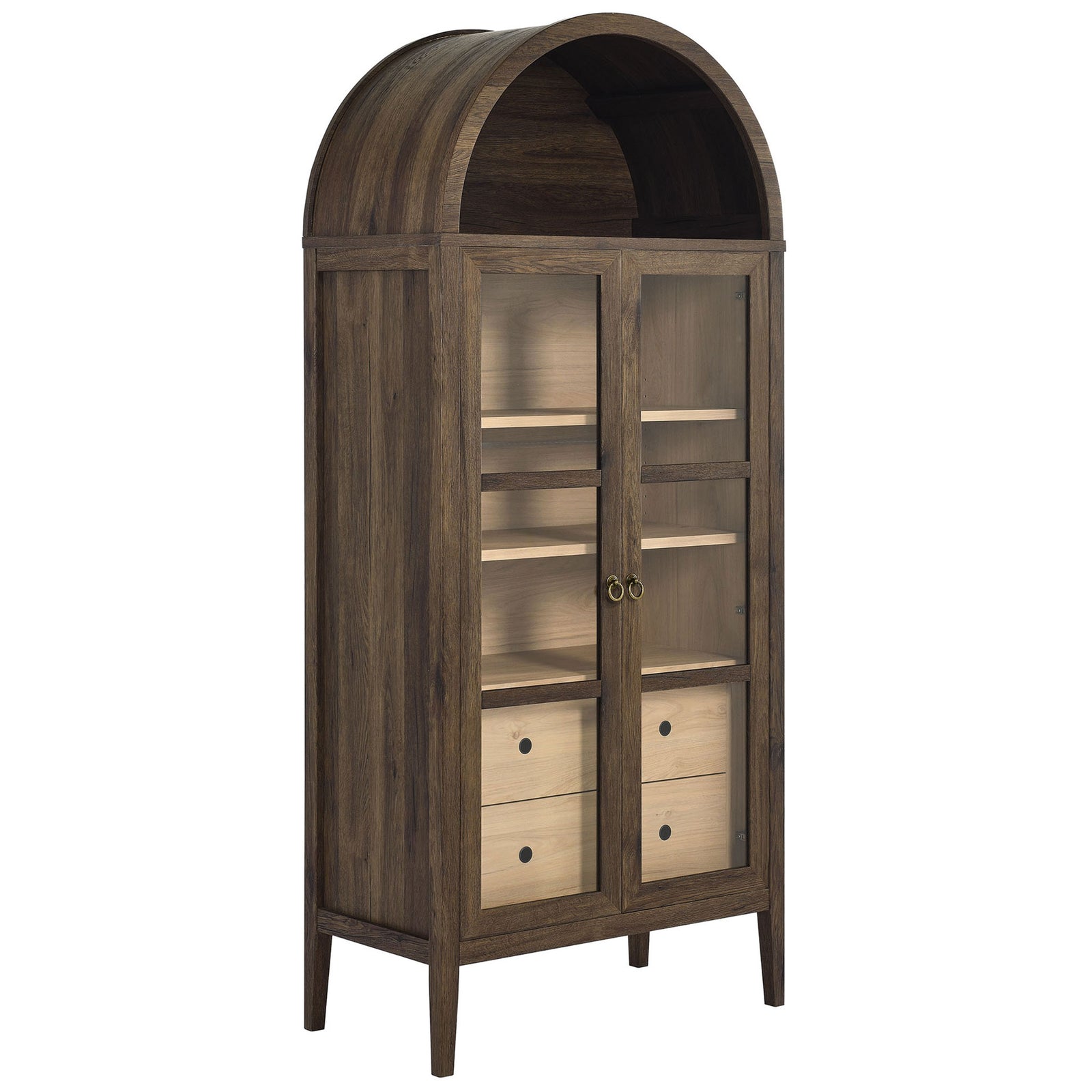 Tall walnut hickory arched cabinet showcasing rich grain and airy glass door display || EEI-6639-WAL-HCK || front_angle_studio