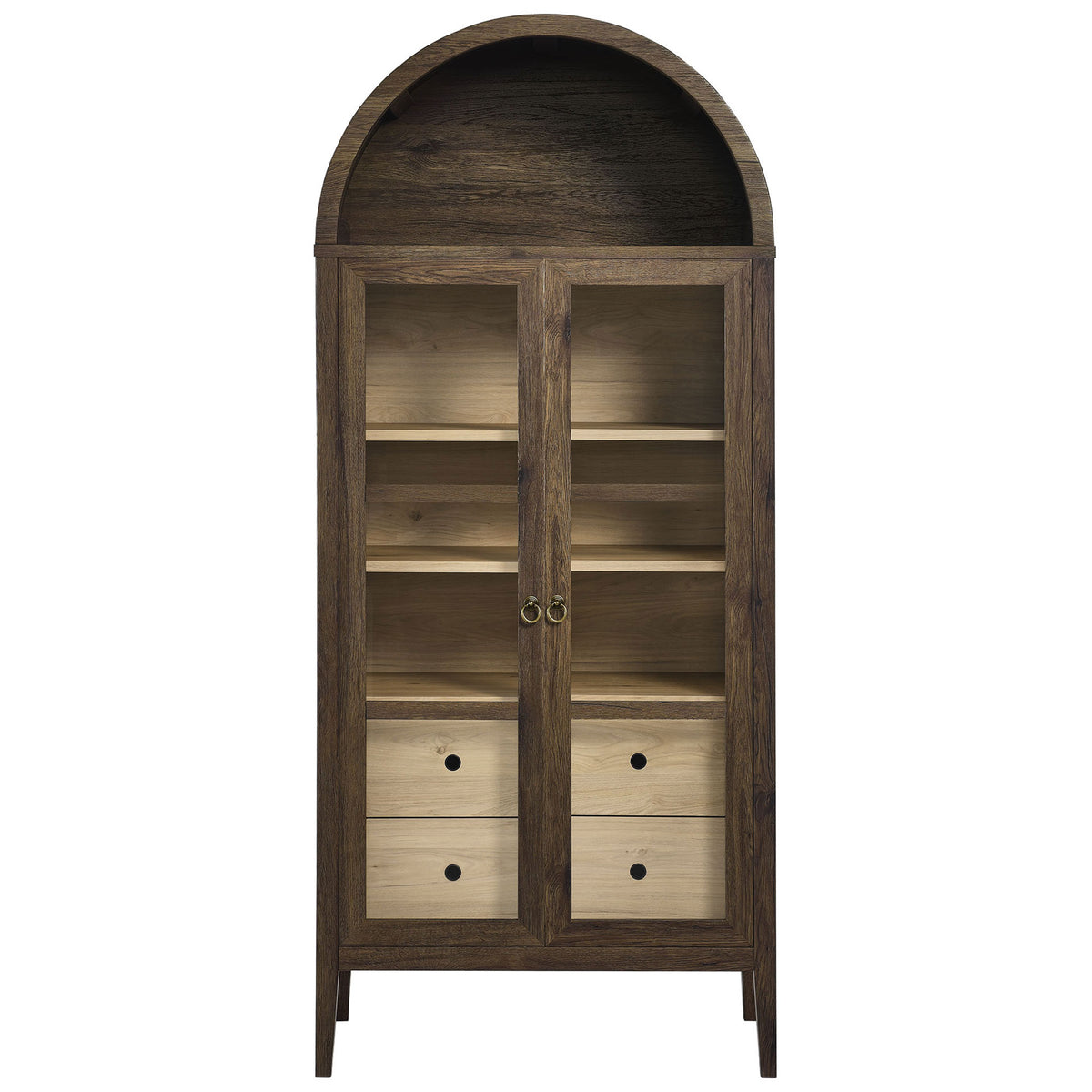 Walnut hickory arched display cabinet with glass doors and light wood drawers below || EEI-6639-WAL-HCK || front_studio