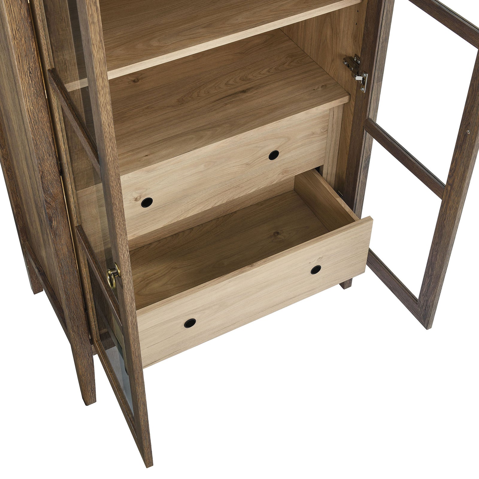 Roomy lower drawers in the walnut hickory cabinet provide concealed storage for dinnerware || EEI-6639-WAL-HCK || storage_open_studio