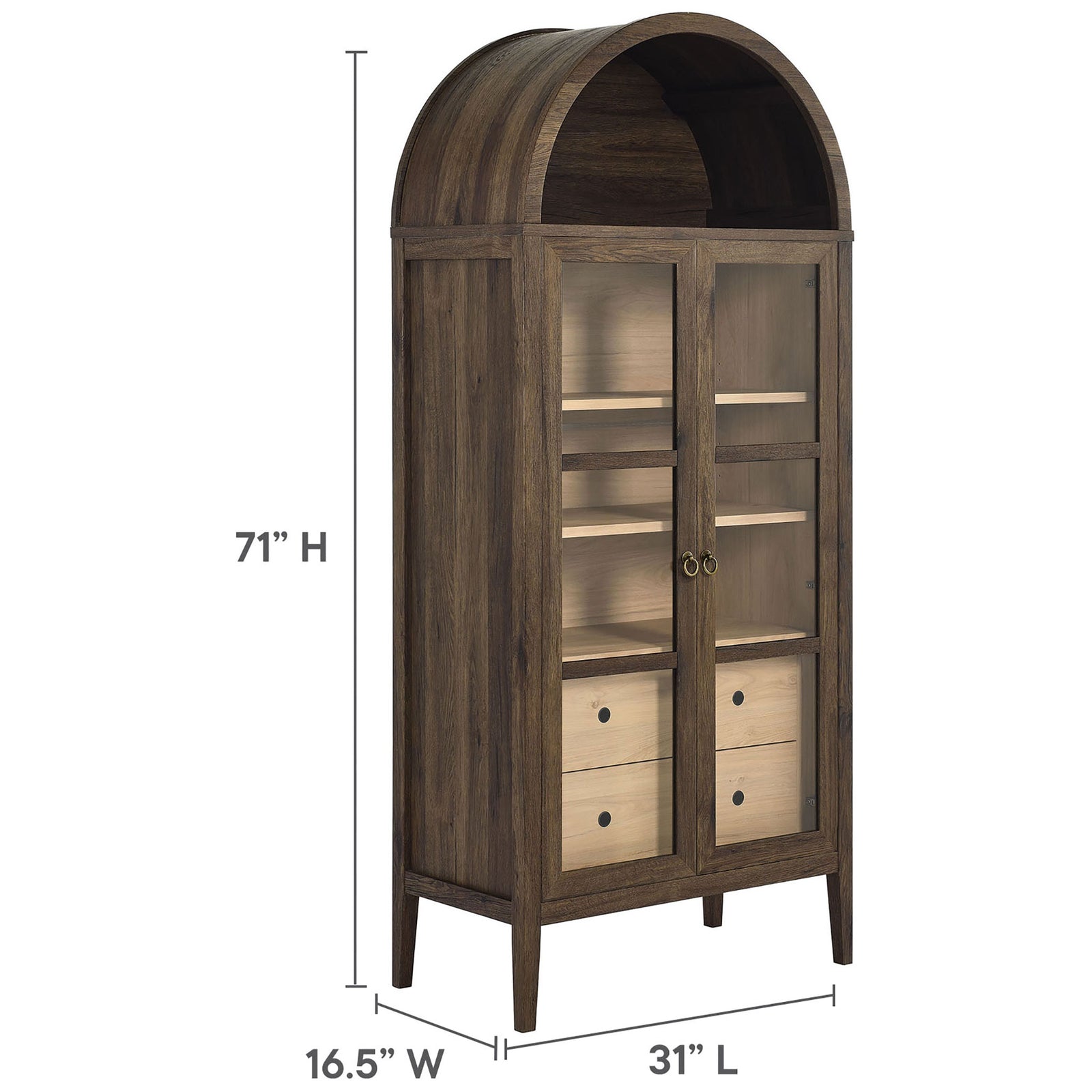 Walnut hickory display cabinet sized at 71 inches tall and 31 inches wide for flexible placement || EEI-6639-WAL-HCK || dimension_studio