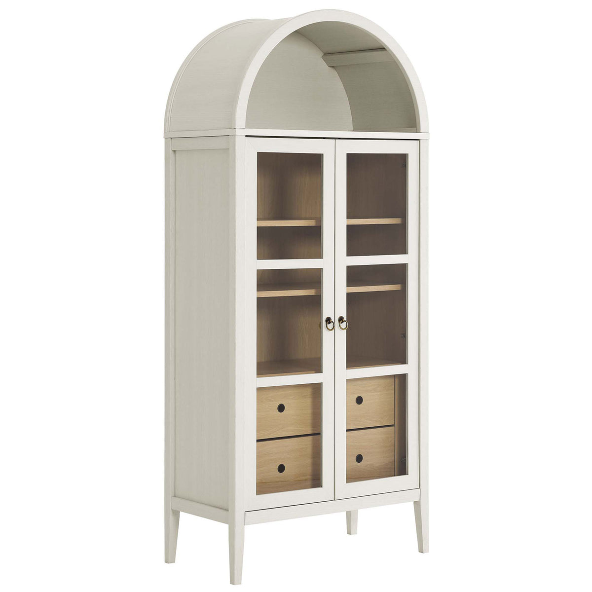 Tall white oak arched cabinet with glass doors and contrasting light wood drawers || EEI-6639-WHI-OAK || front_angle_studio