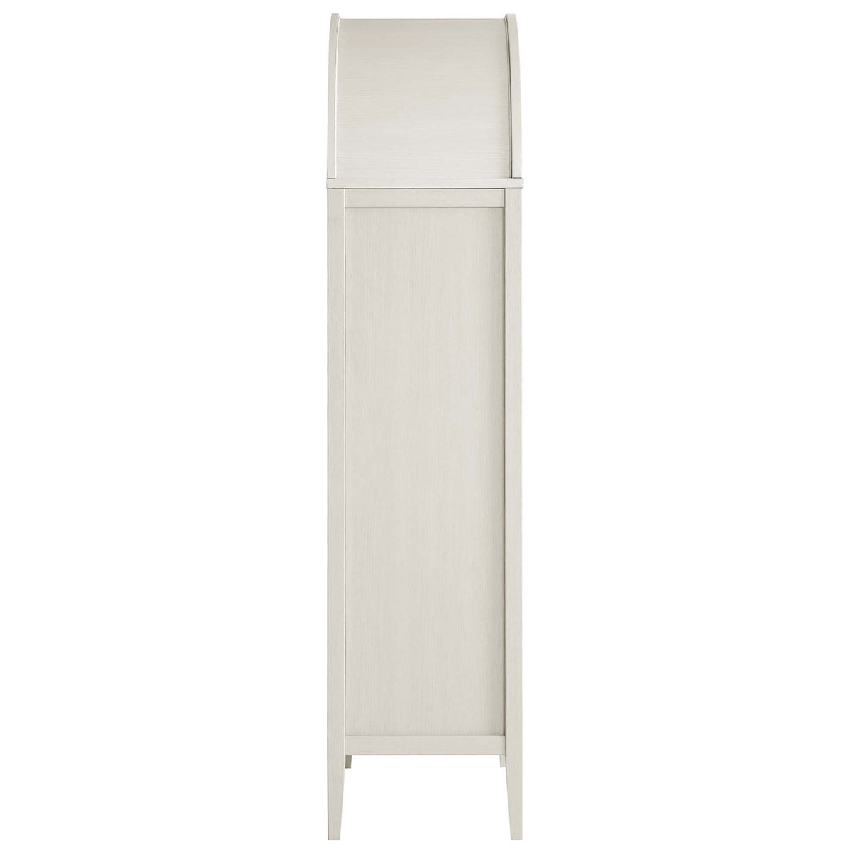 Slim side profile of the white oak Nolan cabinet with arched top and tapered legs || EEI-6639-WHI-OAK || side_studio