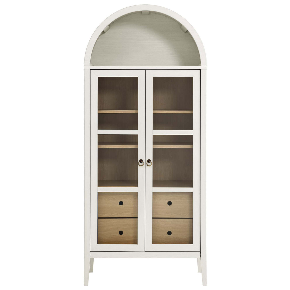 White oak arched display cabinet with glass doors and warm natural wood shelves || EEI-6639-WHI-OAK || front_studio