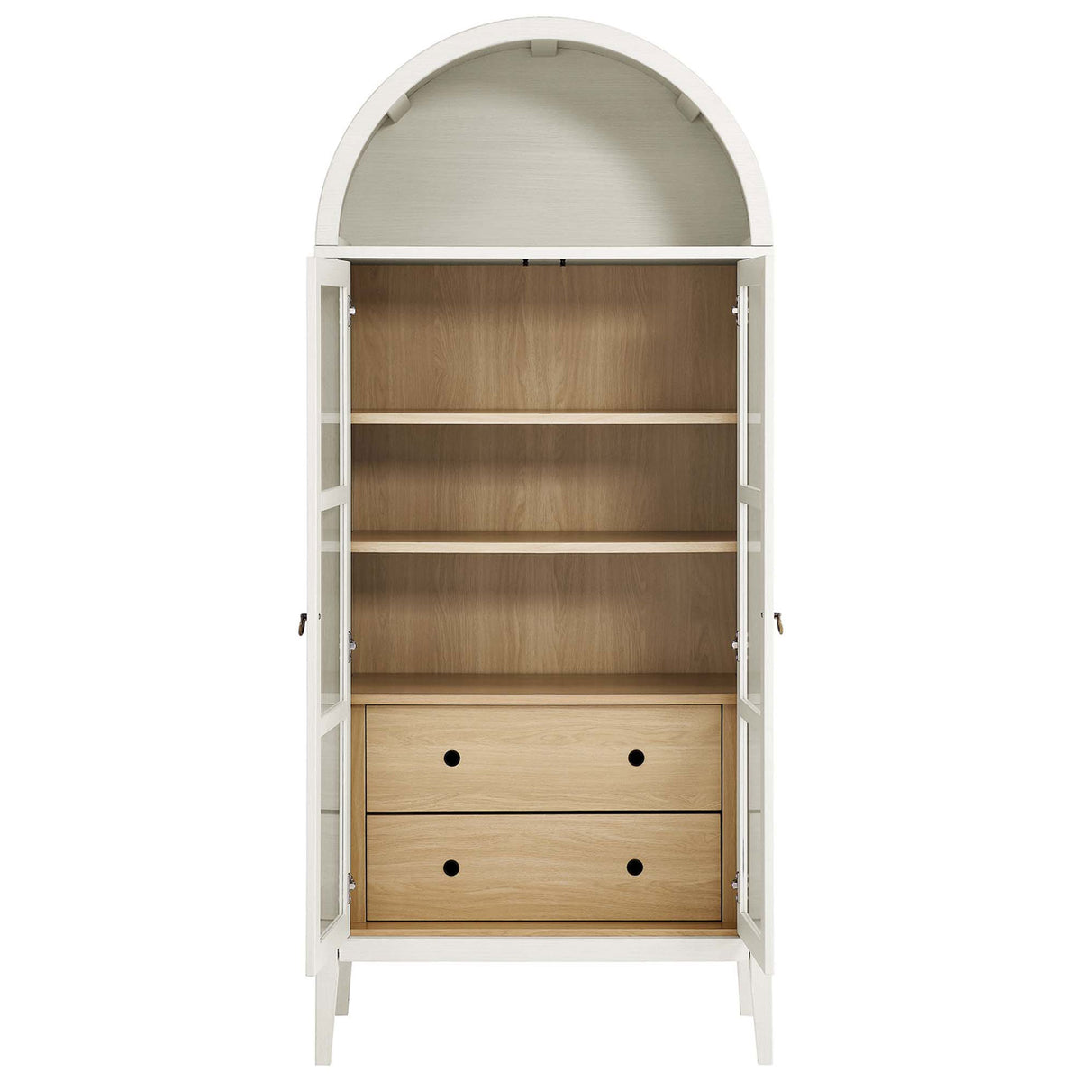 White oak cabinet with both doors open, revealing adjustable shelves and two roomy drawers || EEI-6639-WHI-OAK || front_open_studio