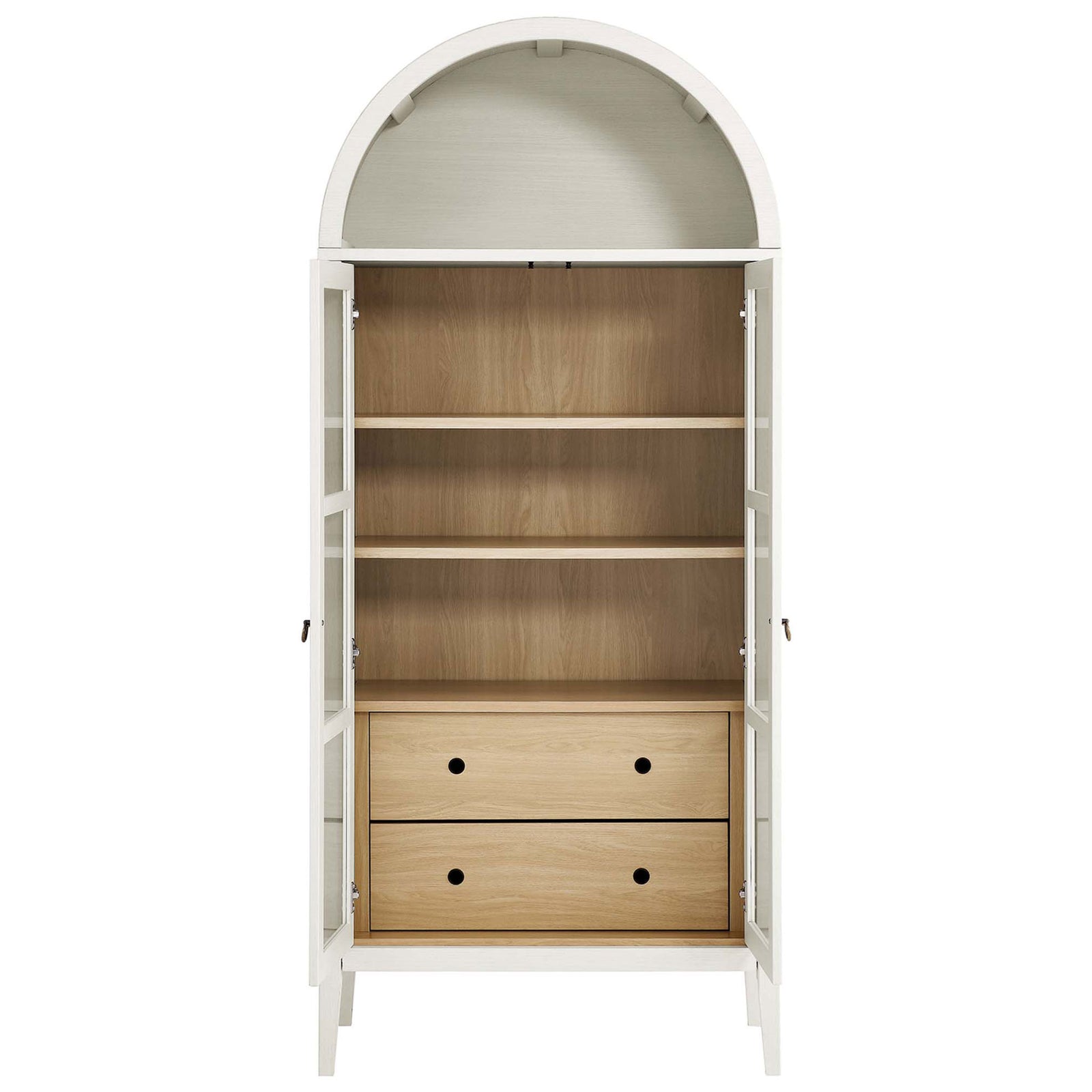 White oak cabinet with both doors open, revealing adjustable shelves and two roomy drawers || EEI-6639-WHI-OAK || front_open_studio