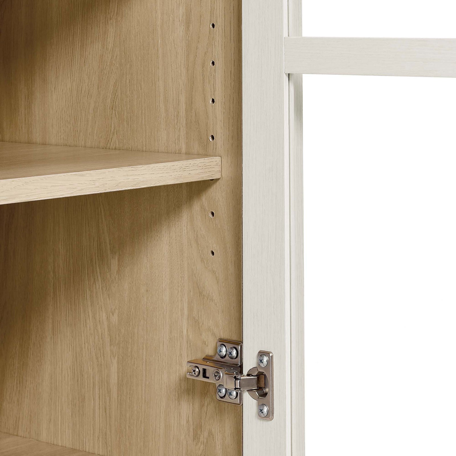 Adjustable shelf notches and soft close hinge hardware inside the white oak cabinet || EEI-6639-WHI-OAK || detail_studio