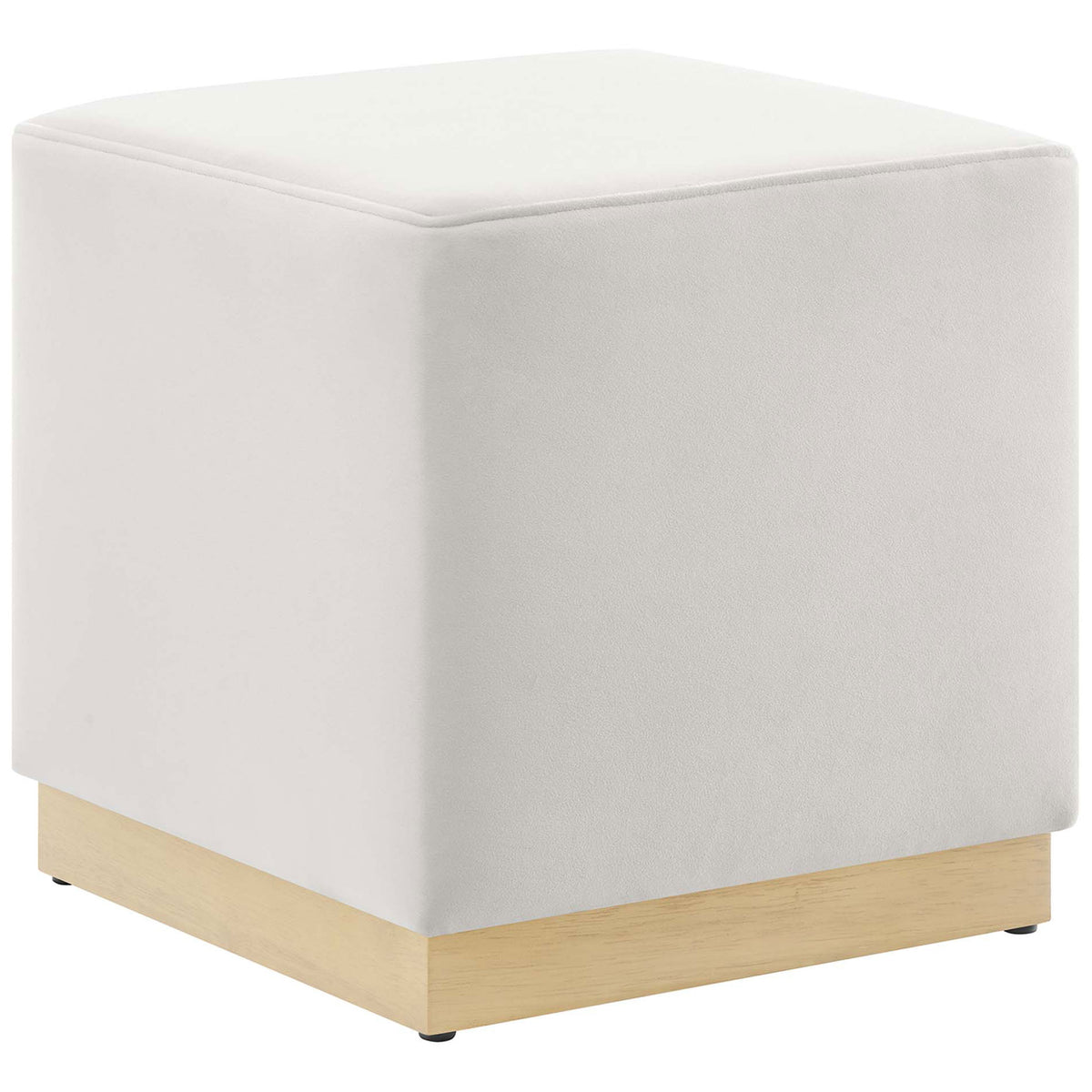 Alabaster velvet cube ottoman with smooth tailored seams and light wood plinth base. || EEI-6640-ALA-NAT || front_angle_studio