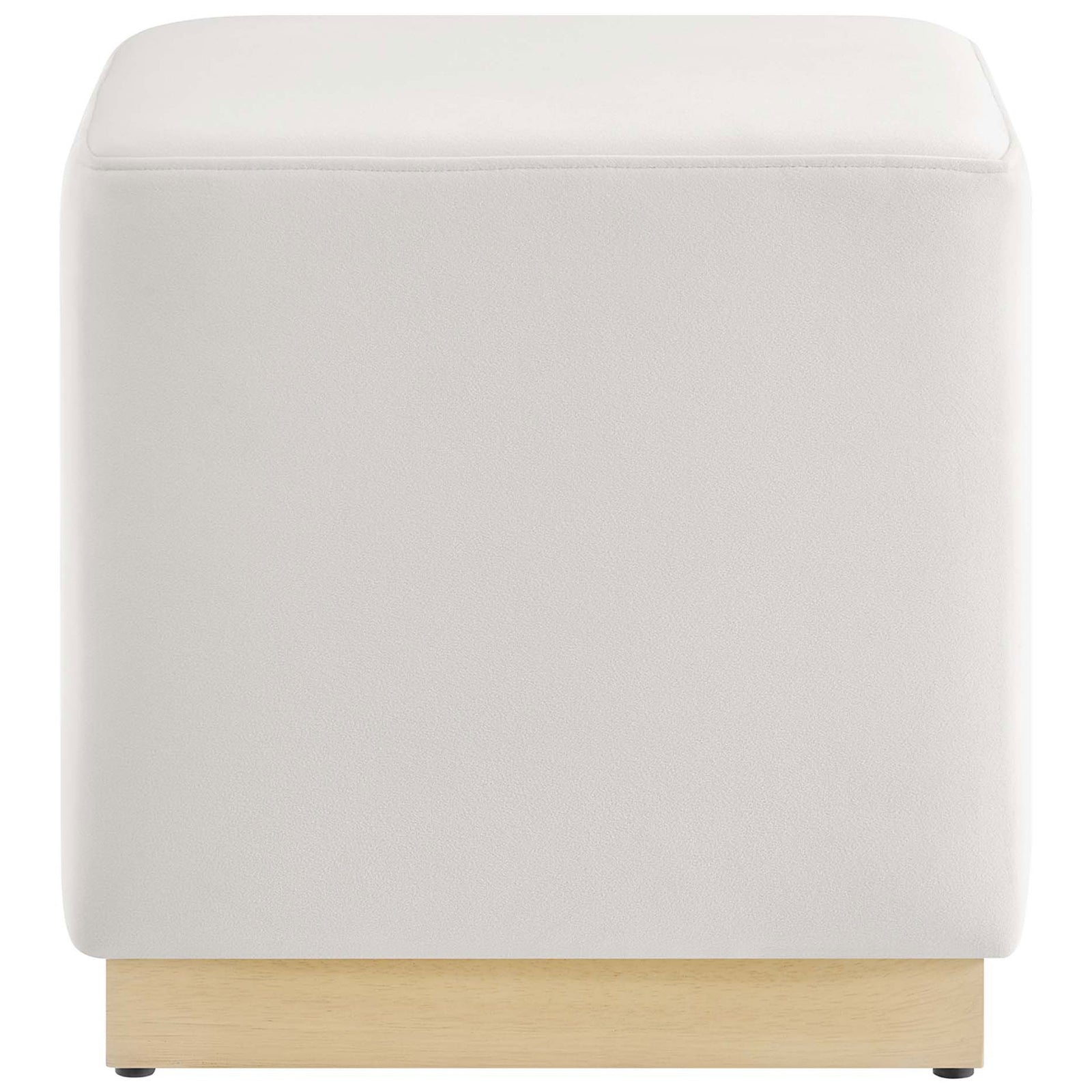 Compact alabaster velvet ottoman showcasing its clean square profile and minimal modern style. || EEI-6640-ALA-NAT || front_studio