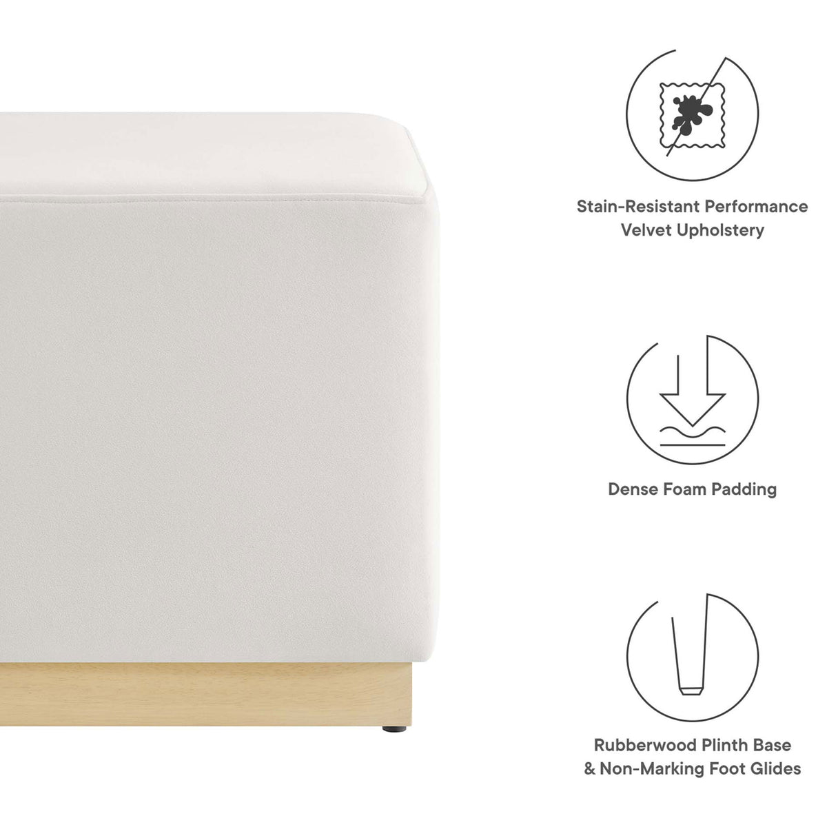 Performance velvet ottoman highlighting stain-resistant fabric, dense foam, and non-marking base glides. || EEI-6640-ALA-NAT || callout_studio