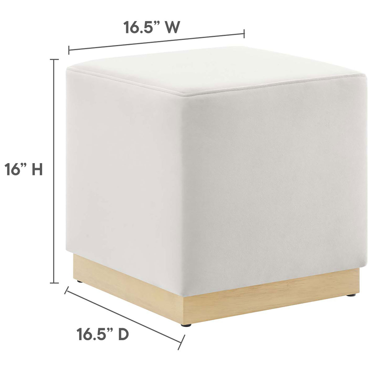 Dimensions of the alabaster velvet cube ottoman with a compact 16.5 inch square footprint. || EEI-6640-ALA-NAT || dimension_studio