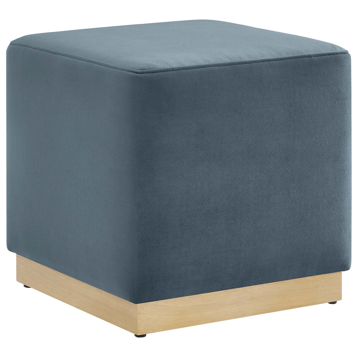 Cadet blue velvet cube ottoman with tailored seams and natural wood plinth base for modern style. || EEI-6640-CAB-NAT || front_angle_studio