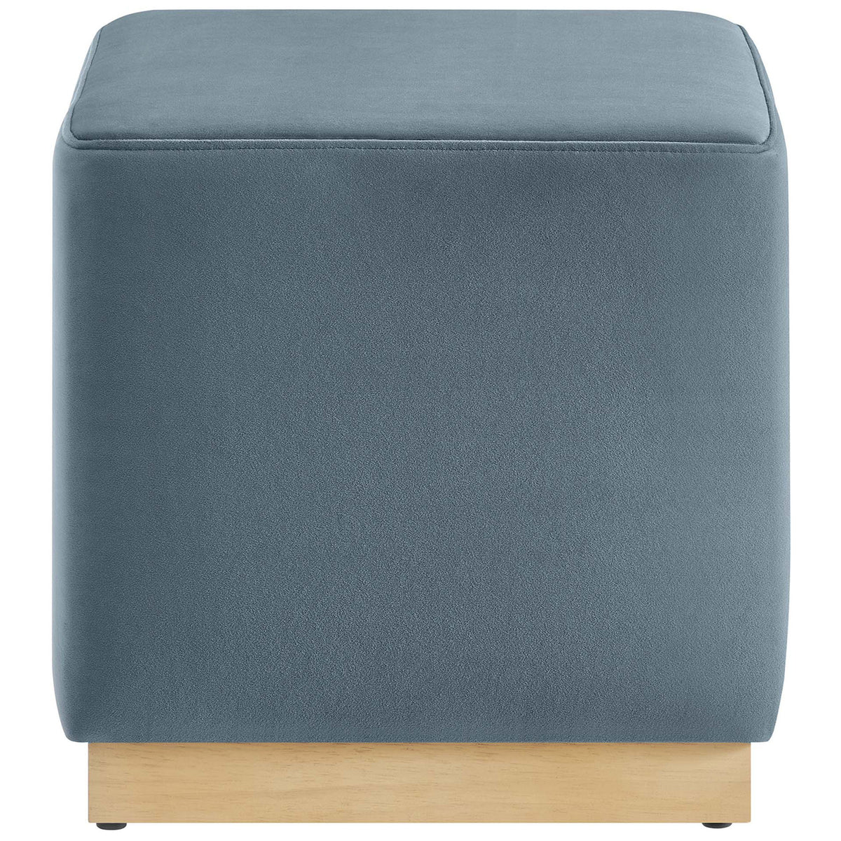 Modern cadet blue velvet ottoman showcases smooth upholstery and a warm natural wood base. || EEI-6640-CAB-NAT || front_studio