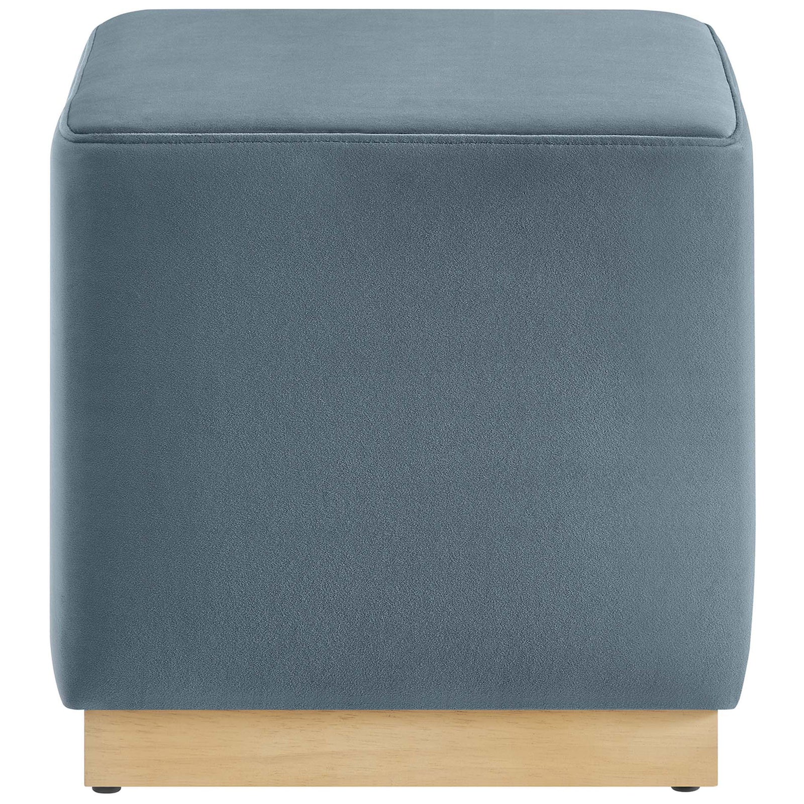 Modern cadet blue velvet ottoman showcases smooth upholstery and a warm natural wood base. || EEI-6640-CAB-NAT || front_studio