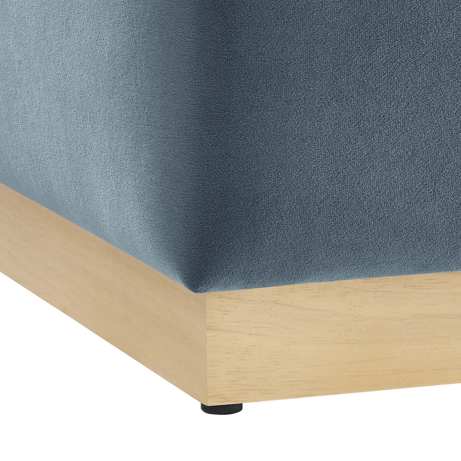 Natural wood plinth base with non-marking glides supports the cadet blue velvet ottoman. || EEI-6640-CAB-NAT || leg_studio