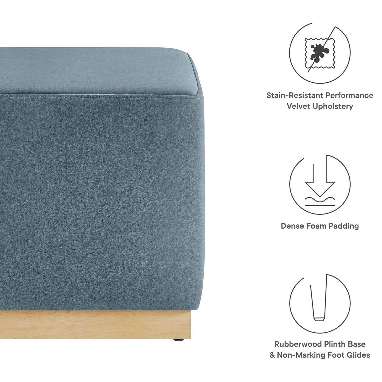 Feature highlights of the cadet blue velvet ottoman show stain-resistant fabric and cushioned comfort. || EEI-6640-CAB-NAT || callout_studio