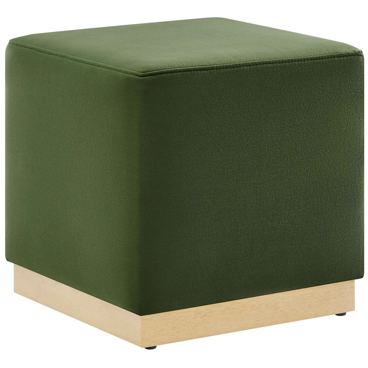 Moss green velvet cube ottoman with natural wood plinth base || EEI-6640-MOG-NAT || front_angle_studio
