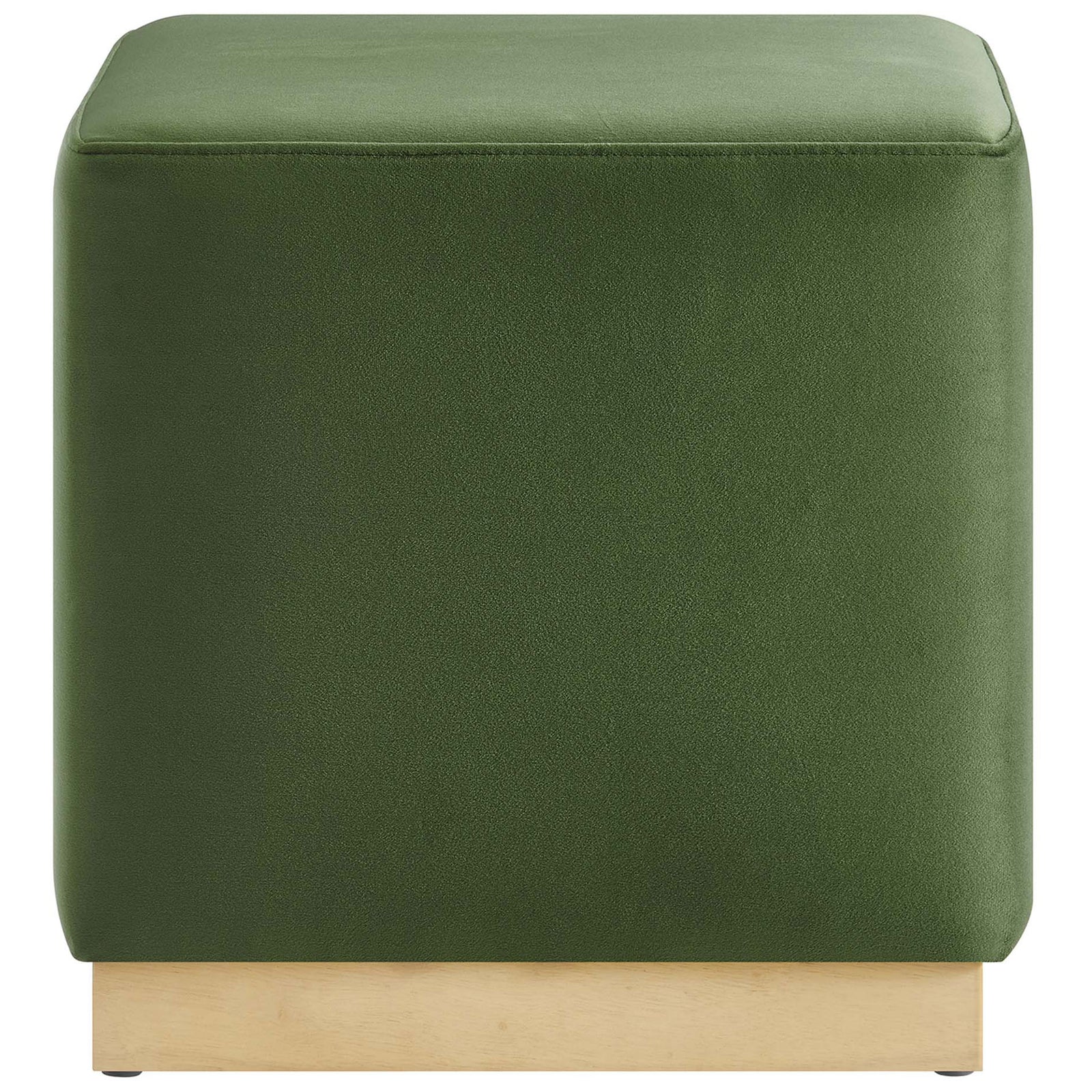 Simple moss green velvet ottoman with a natural wood base || EEI-6640-MOG-NAT || front_studio