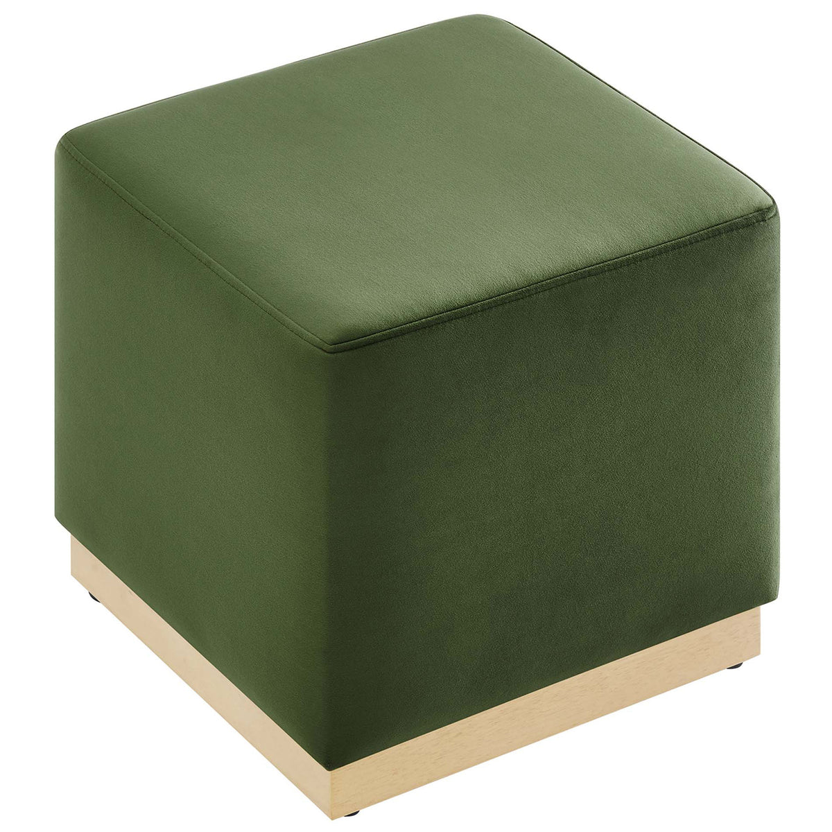 Square moss green velvet ottoman with a smooth top and wood base || EEI-6640-MOG-NAT || top_angle_studio