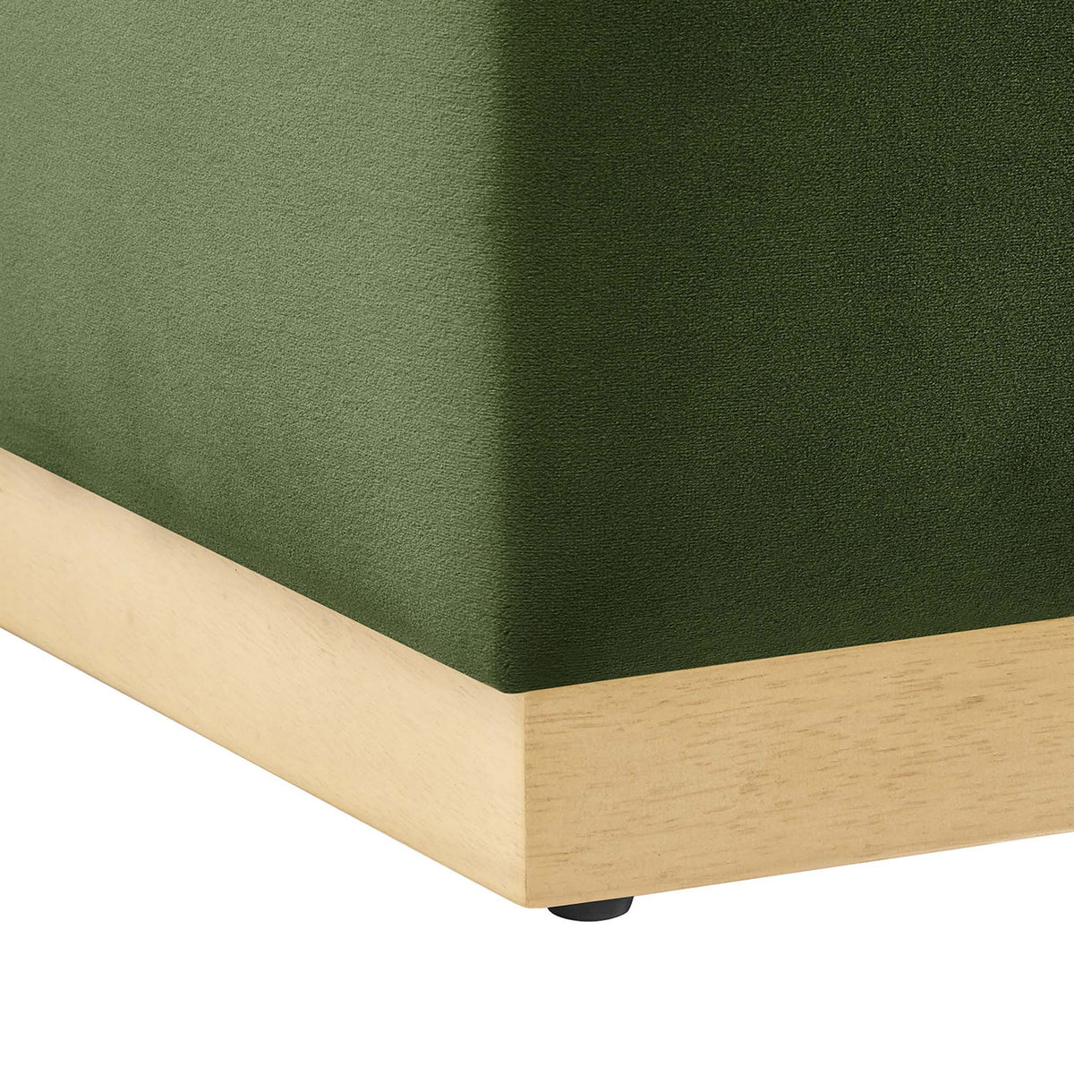 Soft velvet upholstery with a natural wood plinth base forming a crisp corner || EEI-6640-MOG-NAT || leg_studio