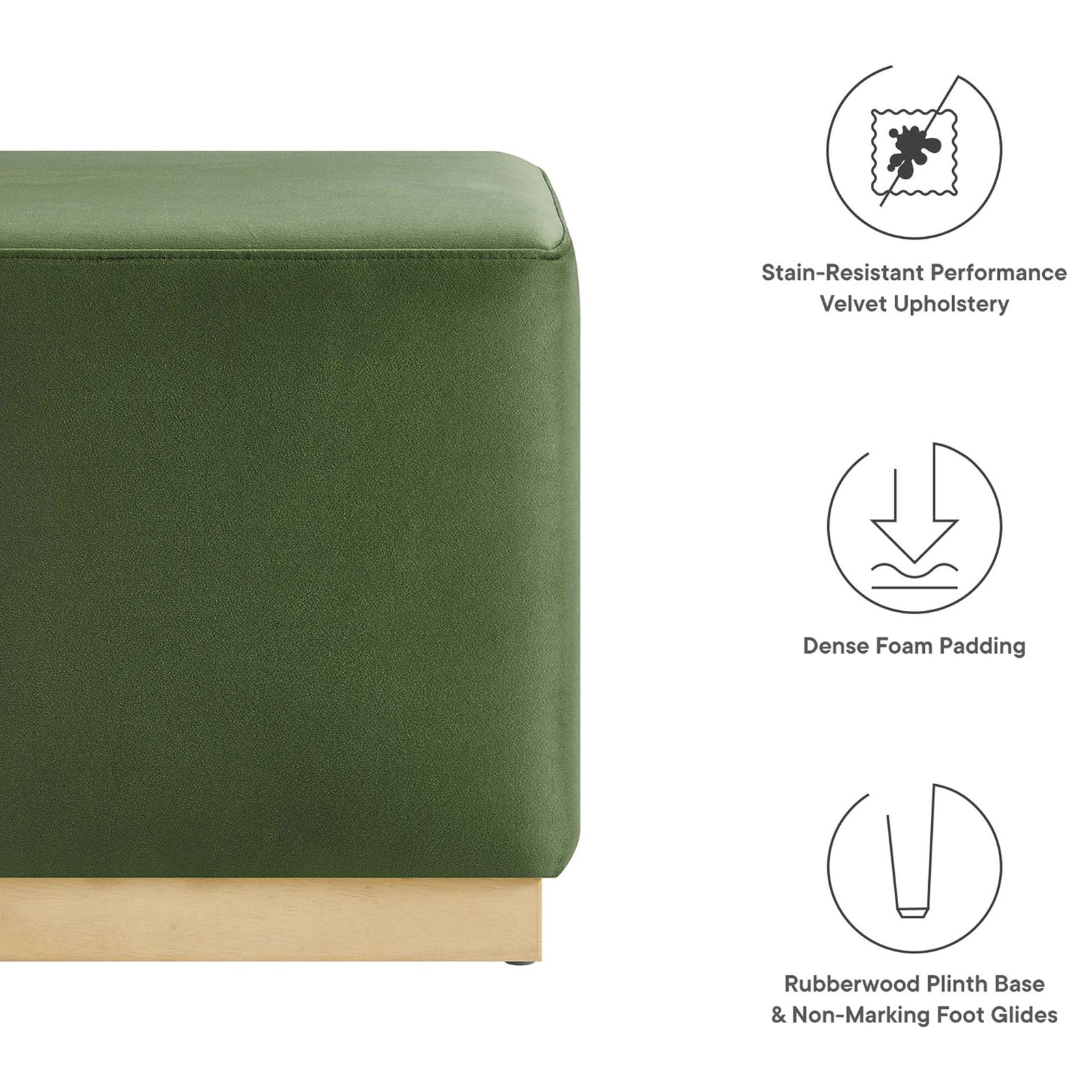 Feature icons highlight the moss green velvet ottoman with plush foam and wood base || EEI-6640-MOG-NAT || callout_studio