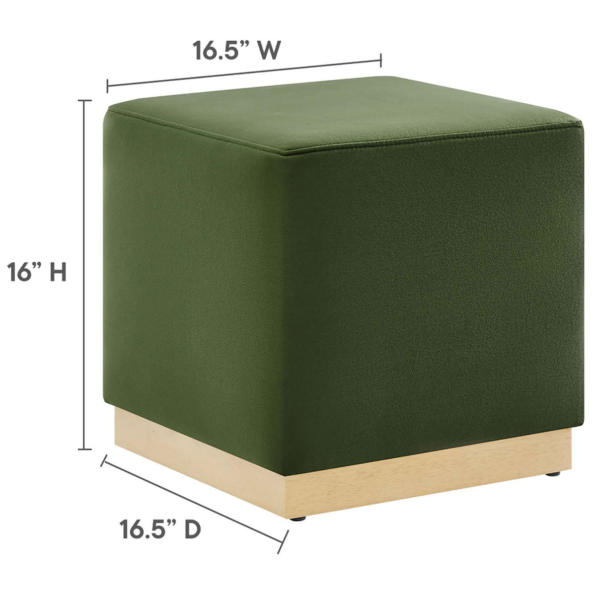 Size details for the moss green cube ottoman with natural wood base || EEI-6640-MOG-NAT || dimension_studio