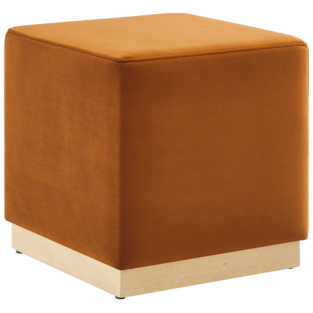 Rust velvet cube ottoman with natural wood plinth base and smooth, tailored sides || EEI-6640-RUS-NAT || front_angle_studio