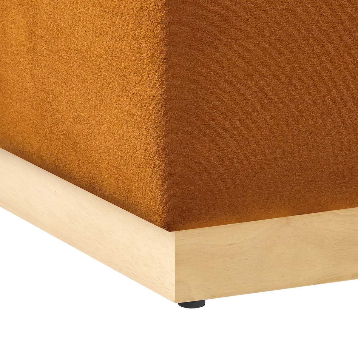 Rust velvet upholstery meets the natural wood plinth base with discreet non-marking glides || EEI-6640-RUS-NAT || leg_studio