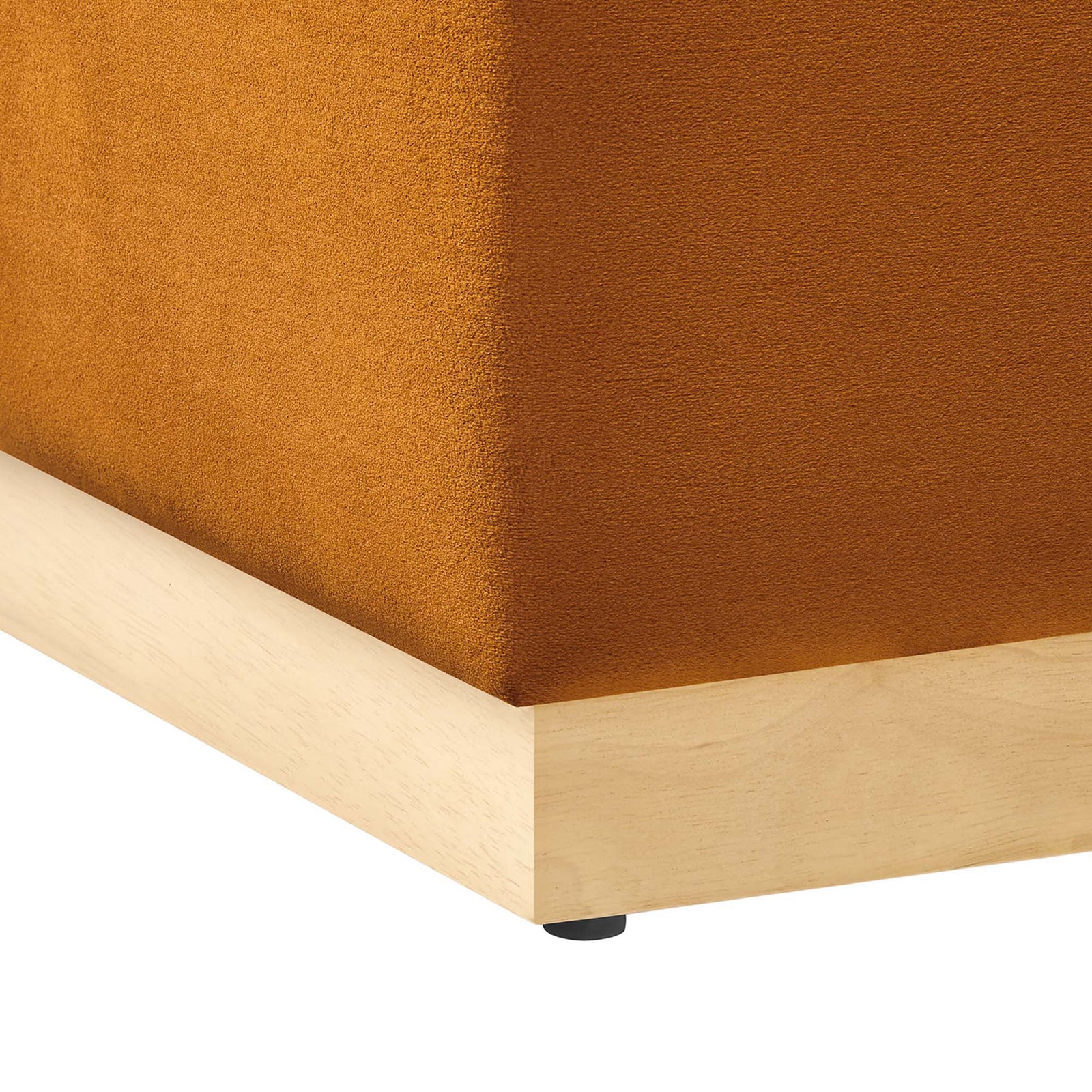 Rust velvet upholstery meets the natural wood plinth base with discreet non-marking glides || EEI-6640-RUS-NAT || leg_studio