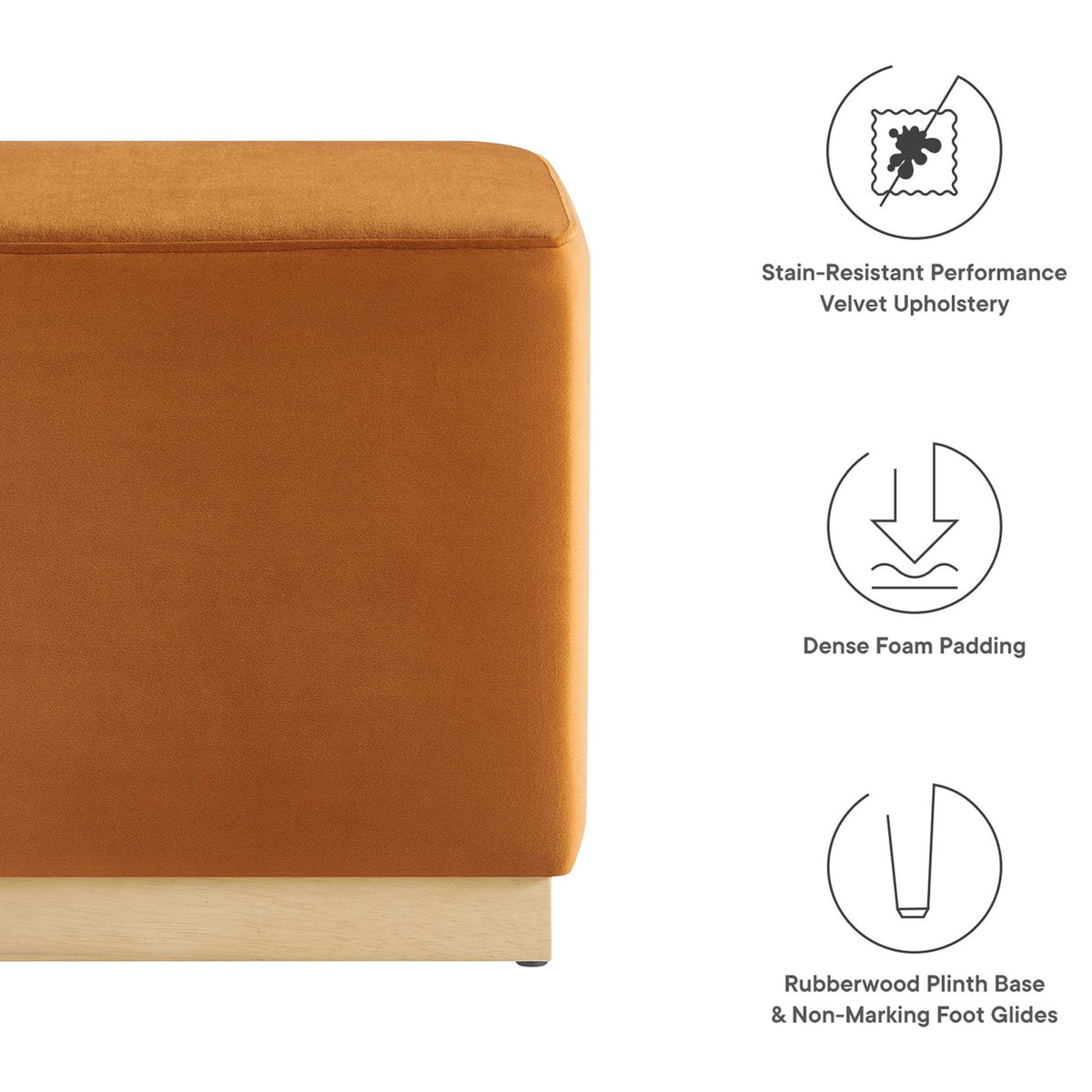 Rust velvet ottoman featuring stain-resistant fabric, dense foam padding, and a rubberwood plinth base || EEI-6640-RUS-NAT || callout_studio