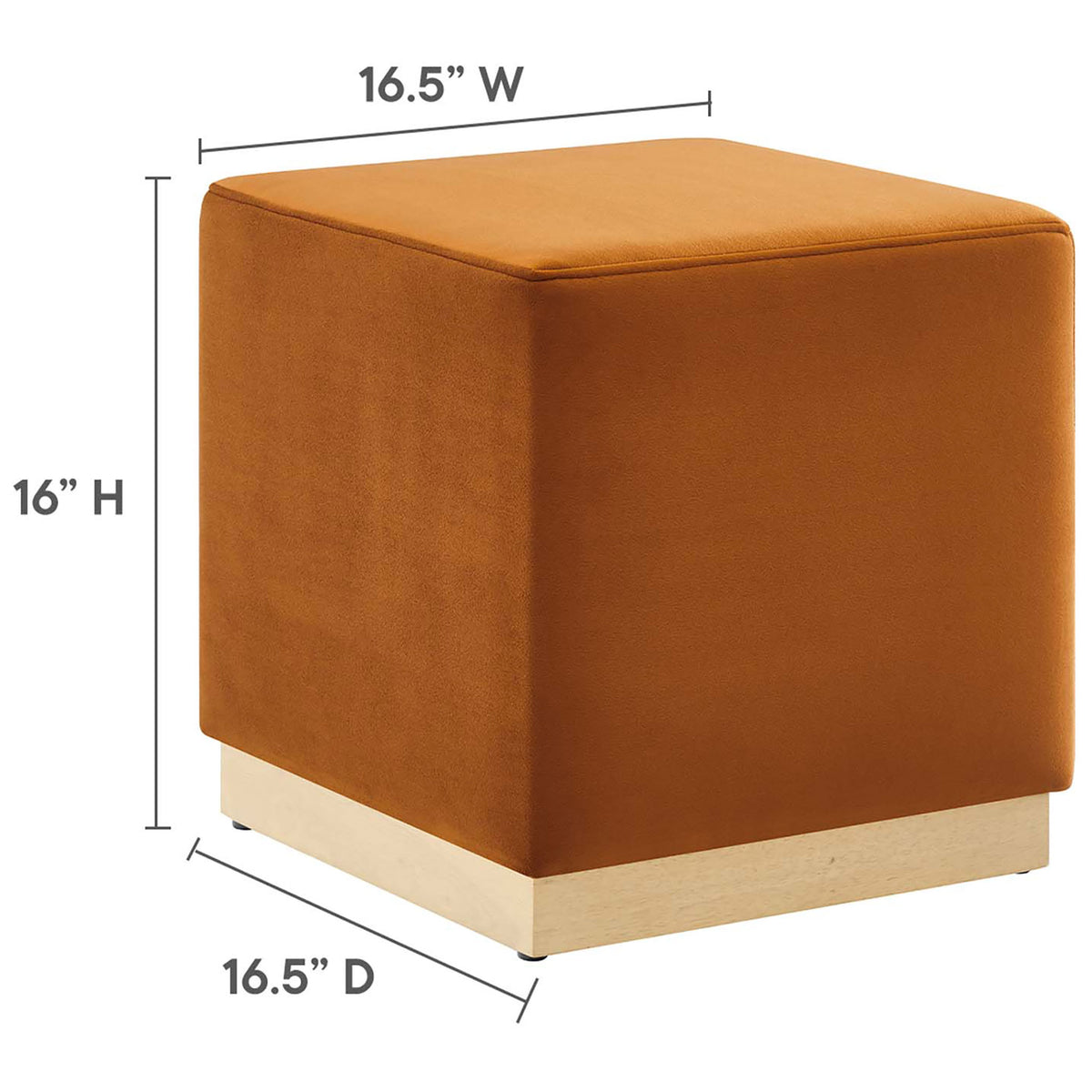 Rust velvet cube ottoman measuring 16.5 inches wide by 16.5 inches deep and 16 inches high || EEI-6640-RUS-NAT || dimension_studio
