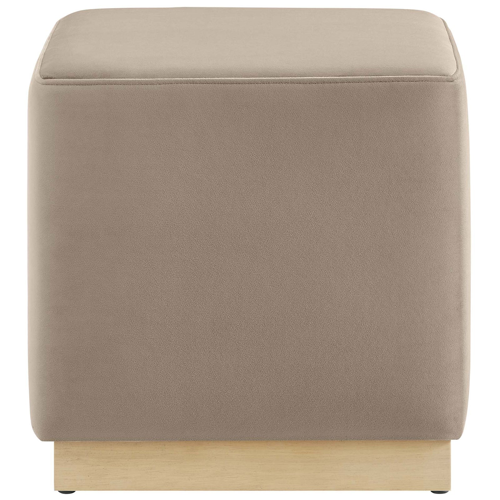 Clean, boxy taupe performance velvet ottoman that adds soft seating and simple modern style. || EEI-6640-TAU-NAT || front_studio