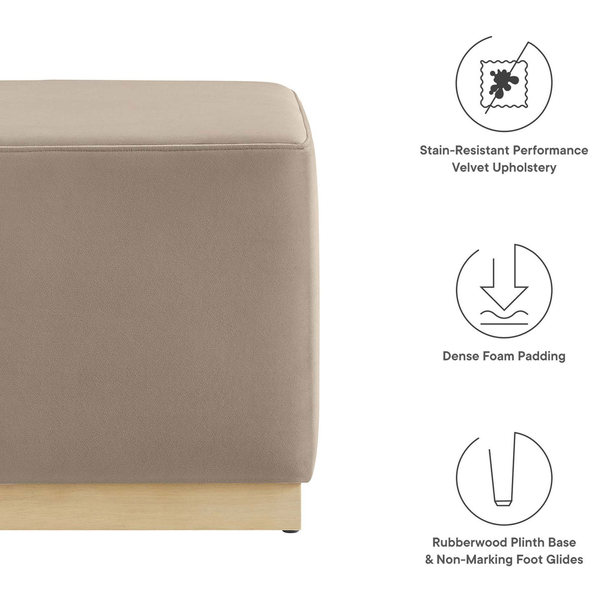 Features stain-resistant performance velvet, dense foam padding, and a wood plinth base with floor-safe glides. || EEI-6640-TAU-NAT || callout_studio