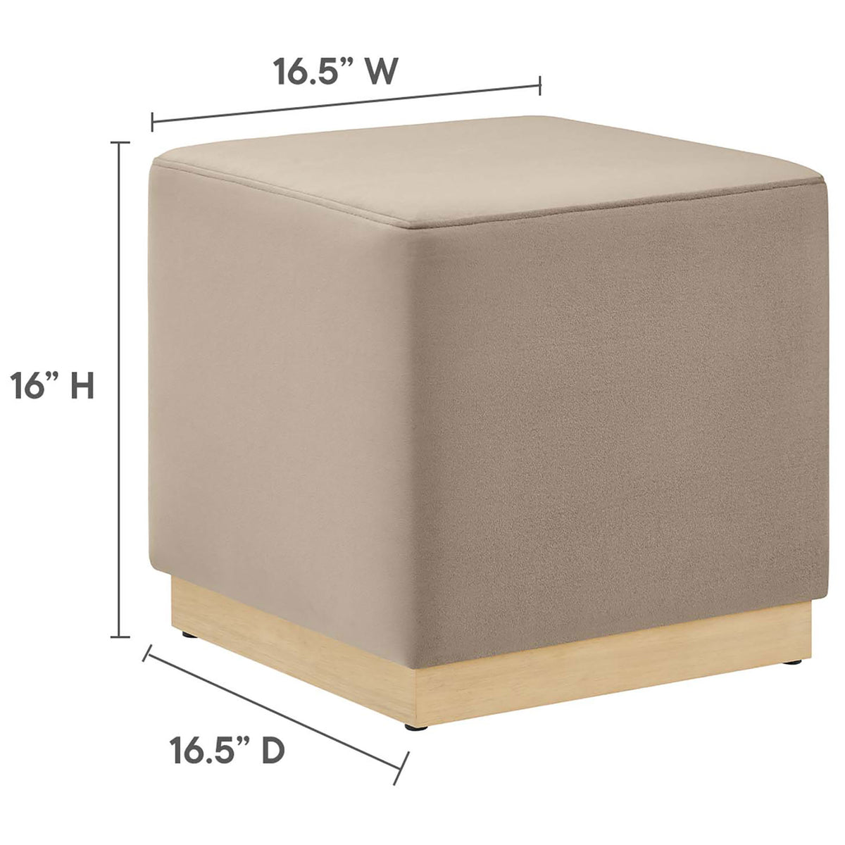 Compact cube ottoman measuring 16.5 inches wide by 16.5 inches deep and 16 inches high. || EEI-6640-TAU-NAT || dimension_studio