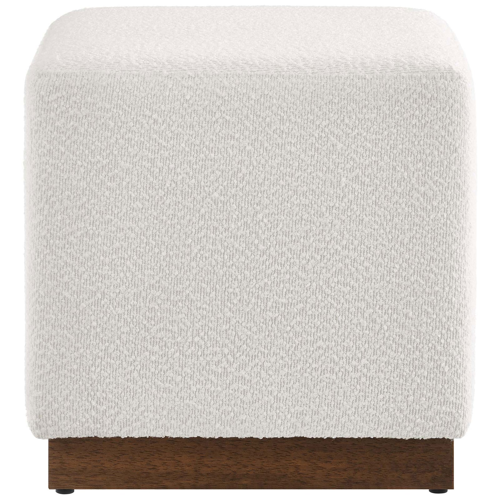 Square boucle ottoman showcases its clean lines and soft, nubby texture above a warm walnut base. || EEI-6641-CLO-WAL || front_studio