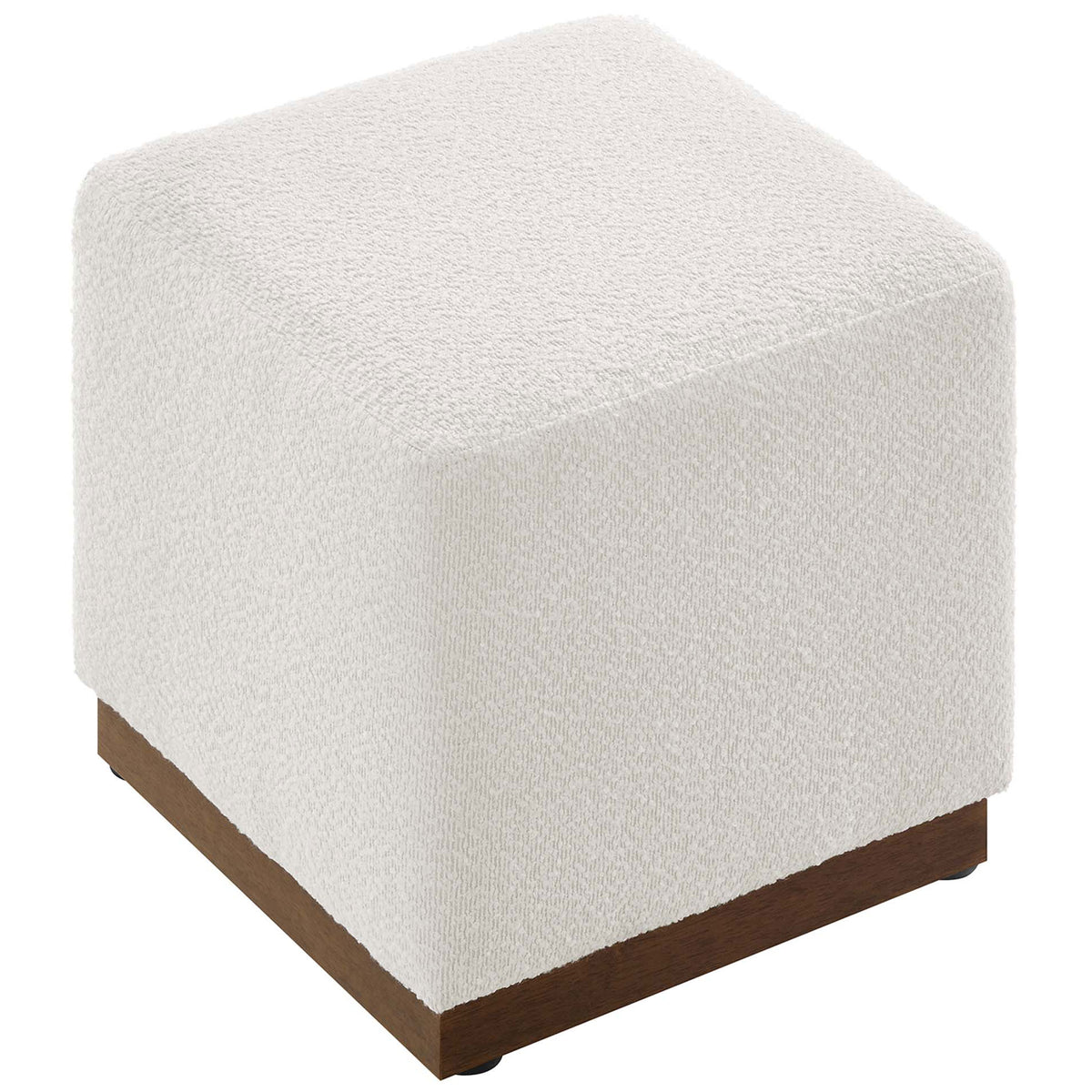 Compact cushioned ottoman offers a roomy top surface wrapped in cloud white boucle for seating or a casual perch. || EEI-6641-CLO-WAL || top_angle_studio