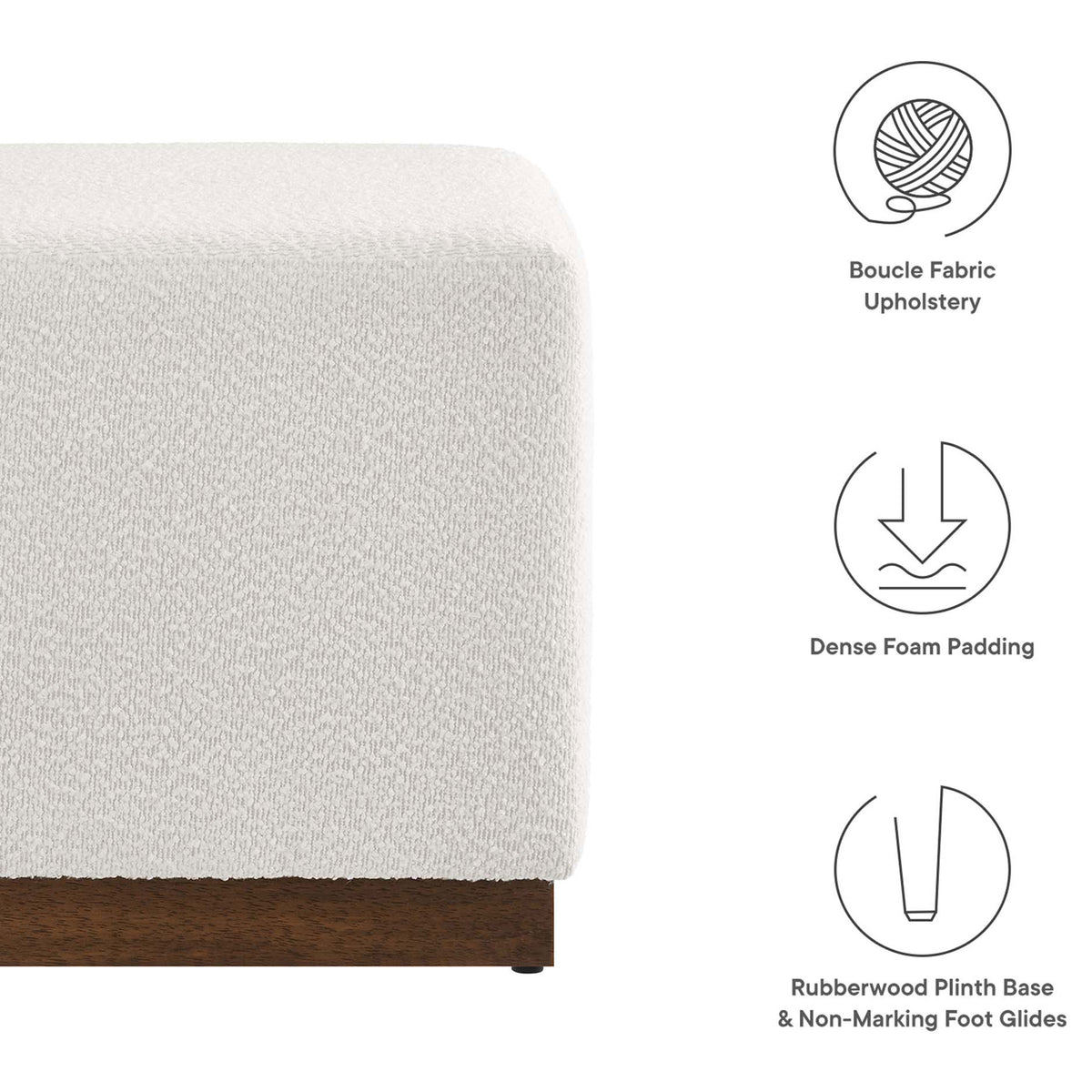 Feature graphic highlighting boucle upholstery, dense foam cushioning, and protective walnut base details. || EEI-6641-CLO-WAL || callout_studio