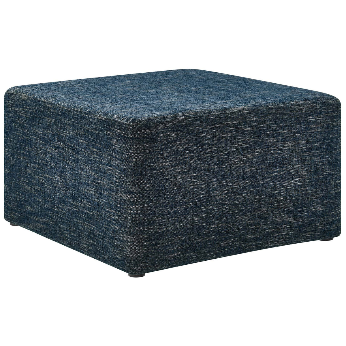 Plush heathered azure square ottoman with clean lines and softly rounded corners. || EEI-6642-HEA || front_angle_studio