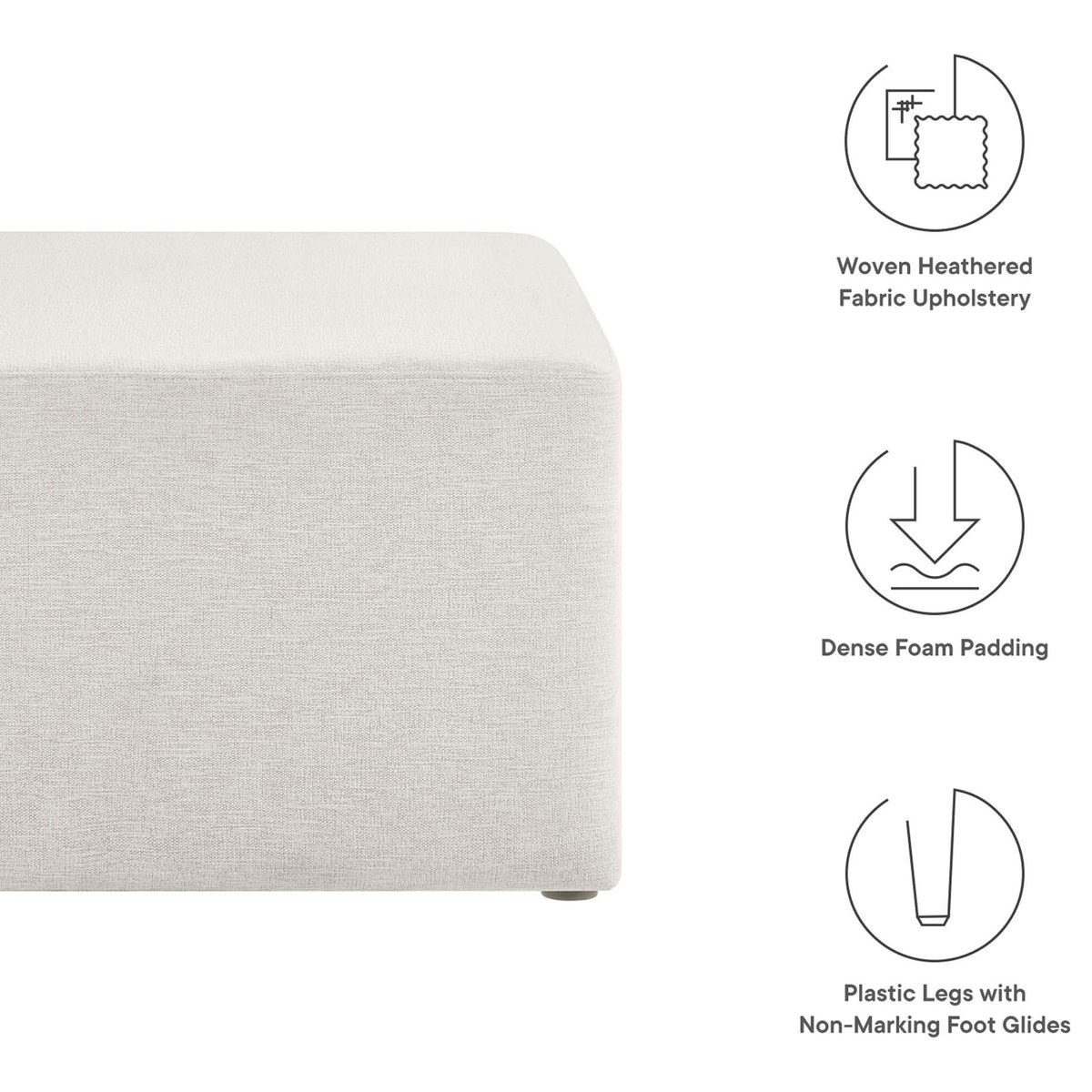 Ivory ottoman featuring woven fabric upholstery, dense foam padding, and protective non marking foot glides || EEI-6642-HEI || callout_studio
