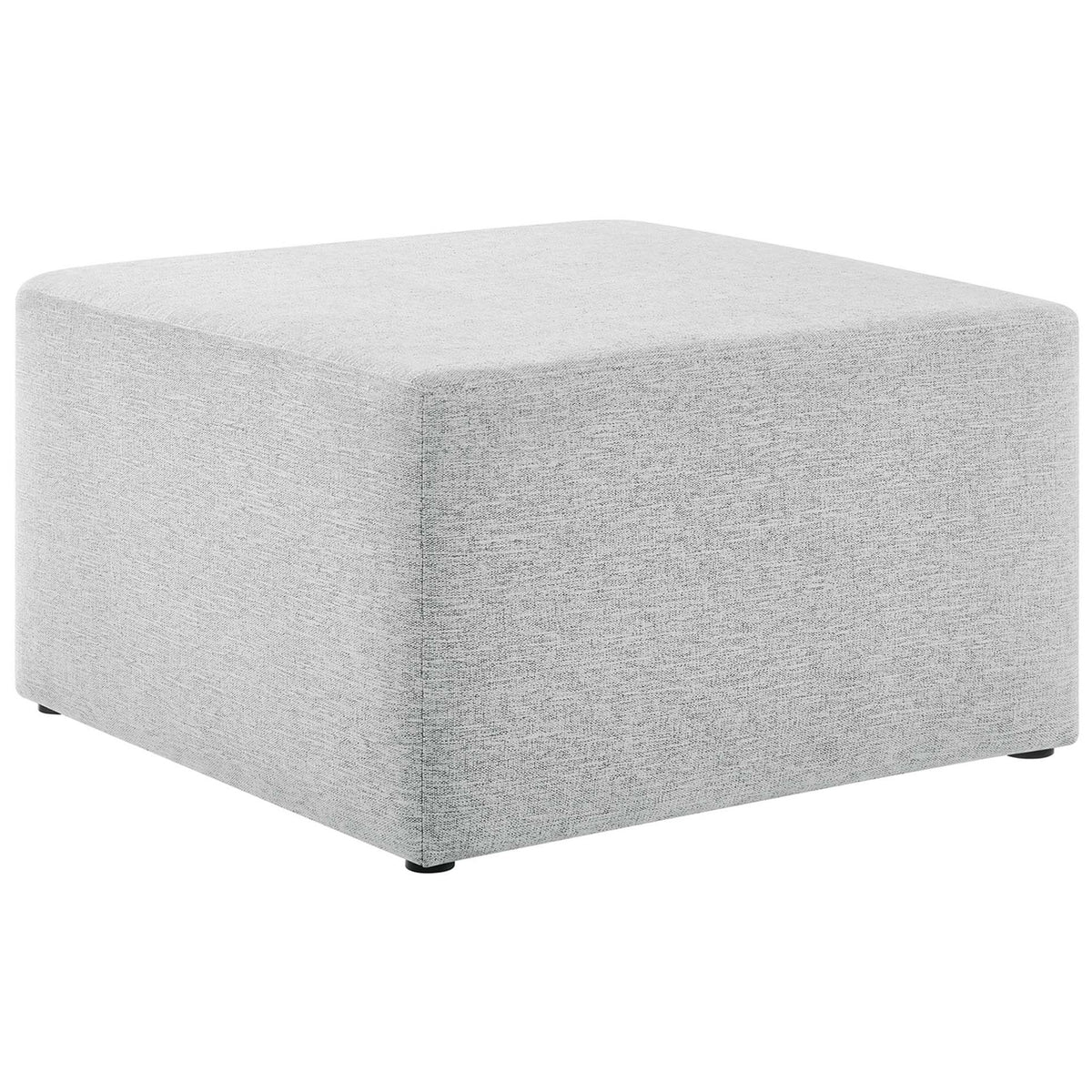 Modern light gray square ottoman with clean tailored sides and soft heathered upholstery for versatile seating || EEI-6642-HLG || front_angle_studio