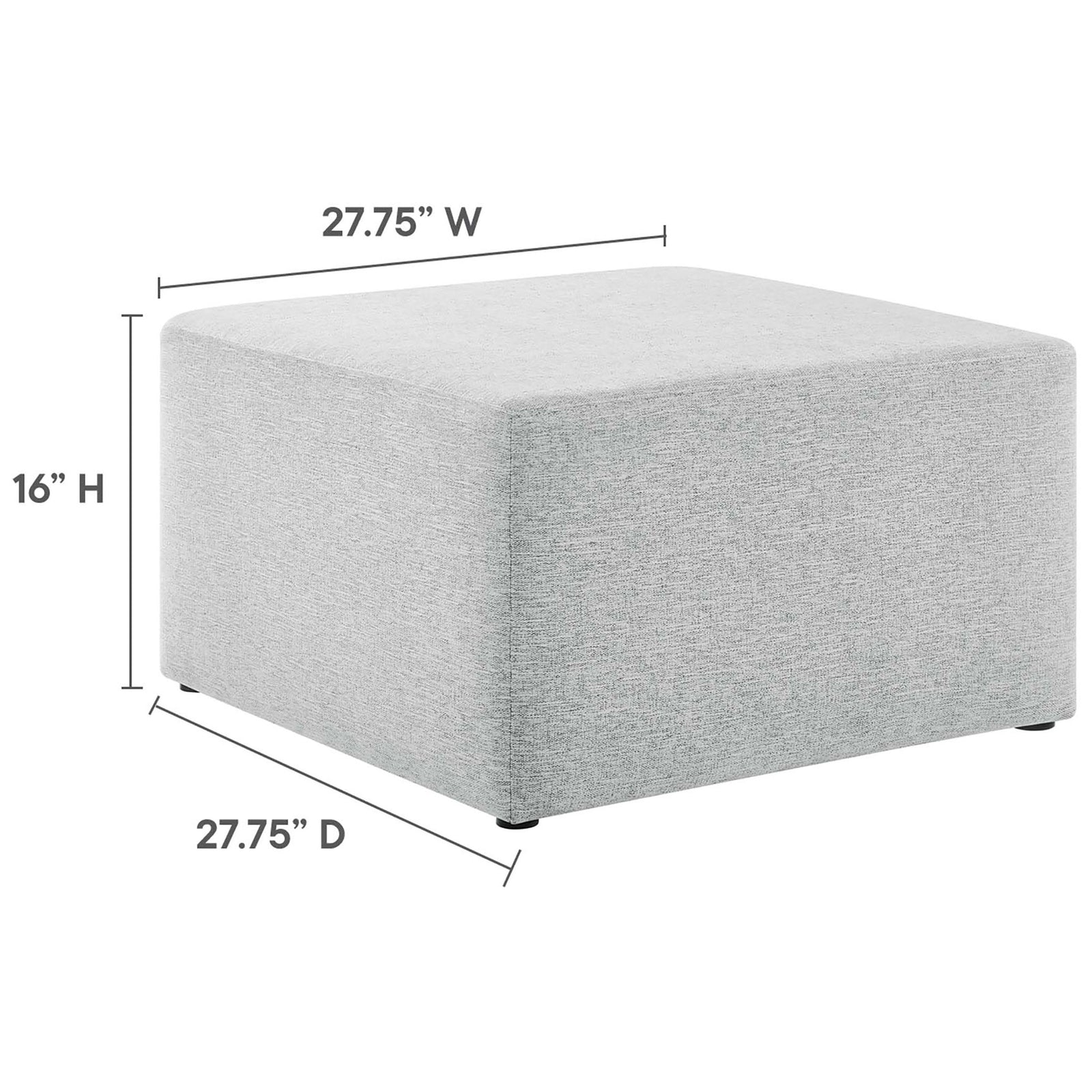 Light gray square ottoman showing its low profile 16 inch height and 27.75 inch width and depth dimensions || EEI-6642-HLG || dimension_studio