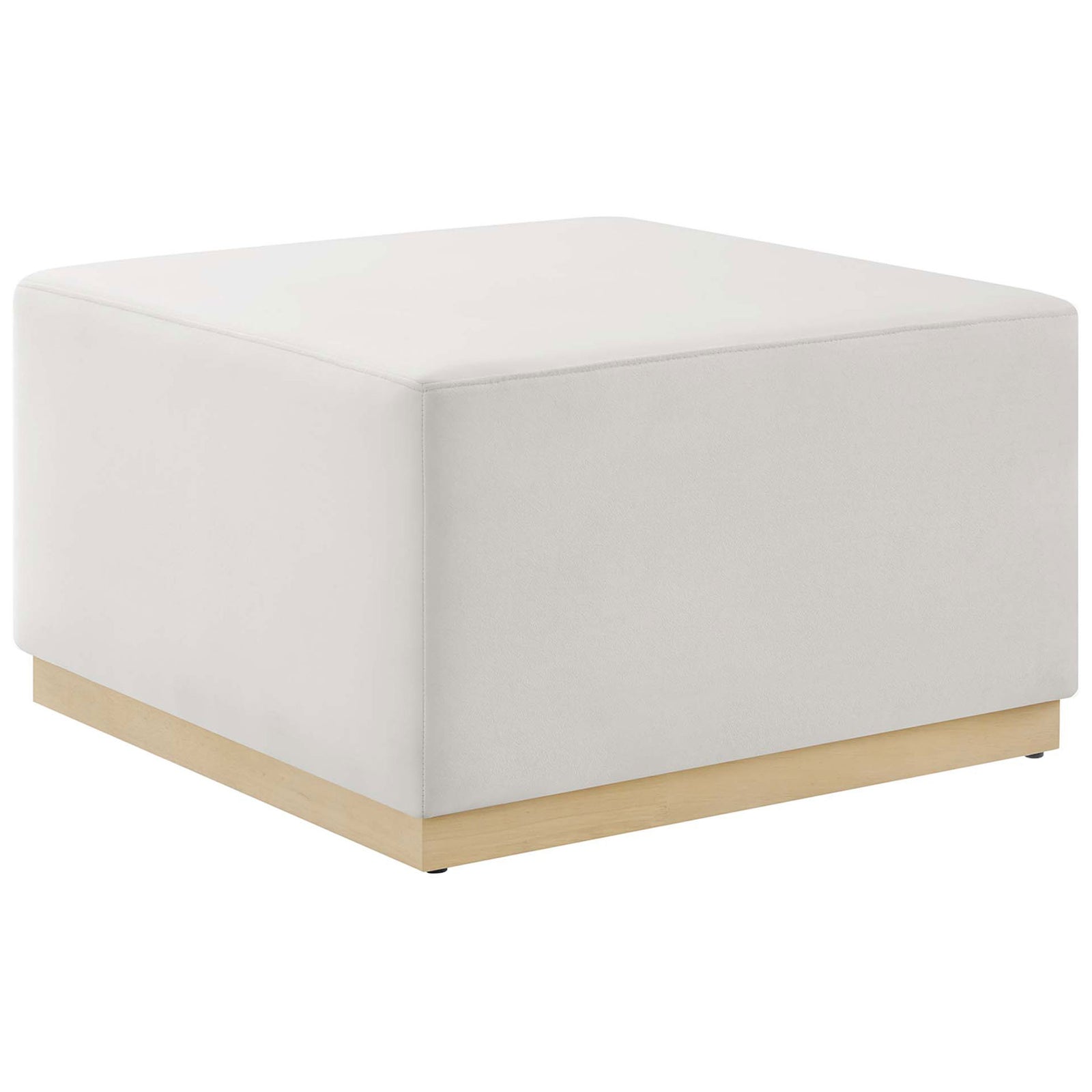 Large alabaster square ottoman with plush performance velvet and a warm rubberwood plinth base || EEI-6643-ALA-NAT || front_angle_studio