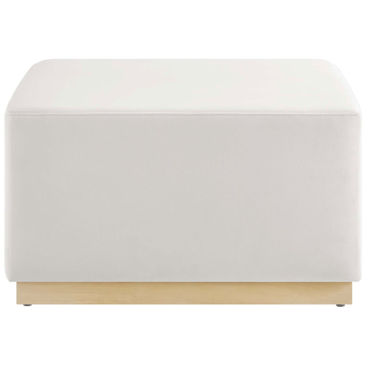 Crisp low-profile ottoman showcasing smooth alabaster upholstery and a clean recessed wood base || EEI-6643-ALA-NAT || front_studio
