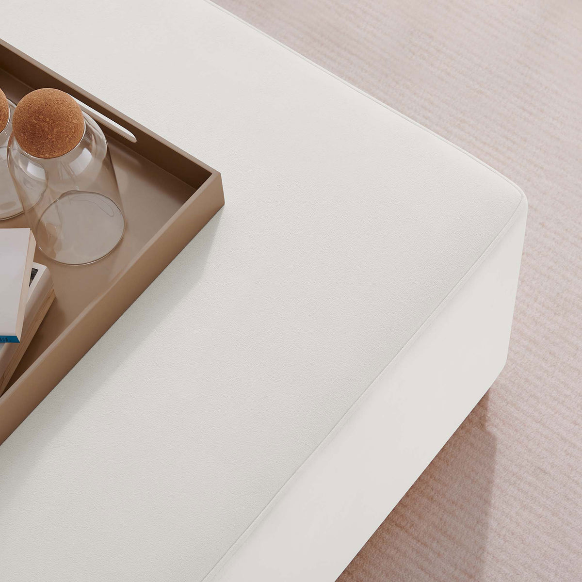 Velvet top doubles as a soft coffee table surface styled with a tray, glassware, and favorite reads || EEI-6643-ALA-NAT || detail_room