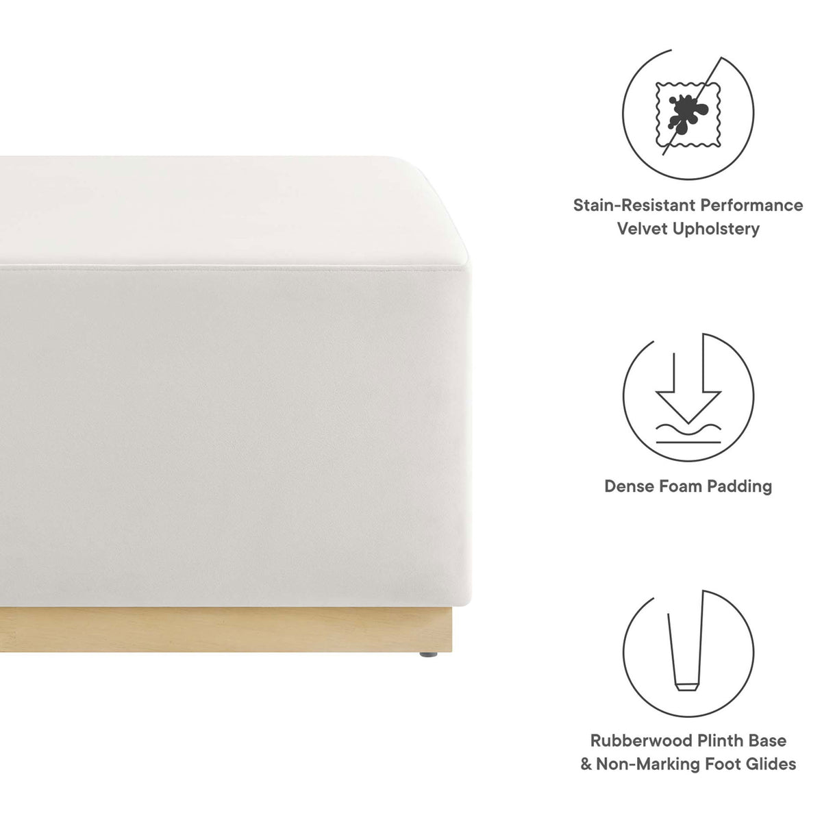 Key features include stain-resistant velvet, dense foam comfort, and a protective rubberwood base || EEI-6643-ALA-NAT || callout_studio