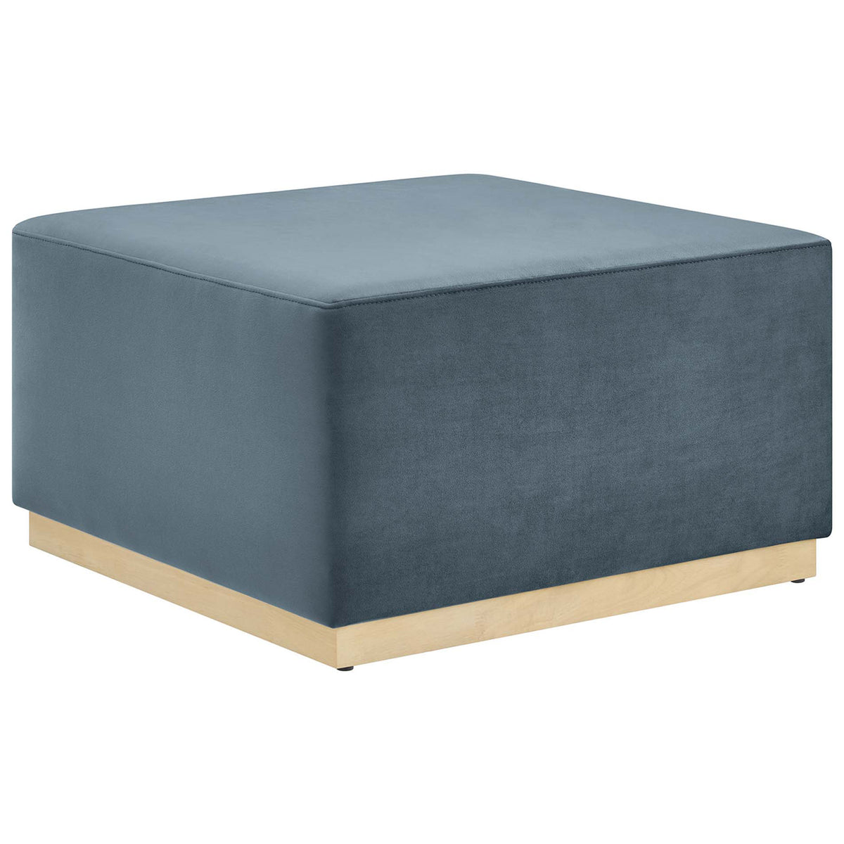 Cadet blue velvet square ottoman with plush cushioning and natural wood plinth base || EEI-6643-CAB-NAT || front_angle_studio