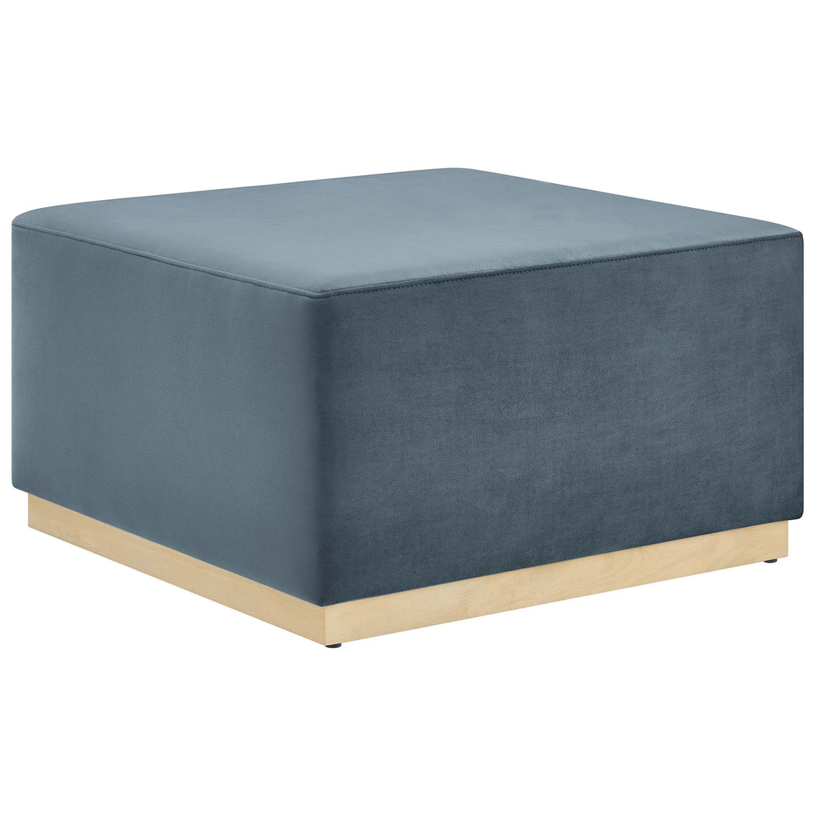 Cadet blue velvet square ottoman with plush cushioning and natural wood plinth base || EEI-6643-CAB-NAT || front_angle_studio