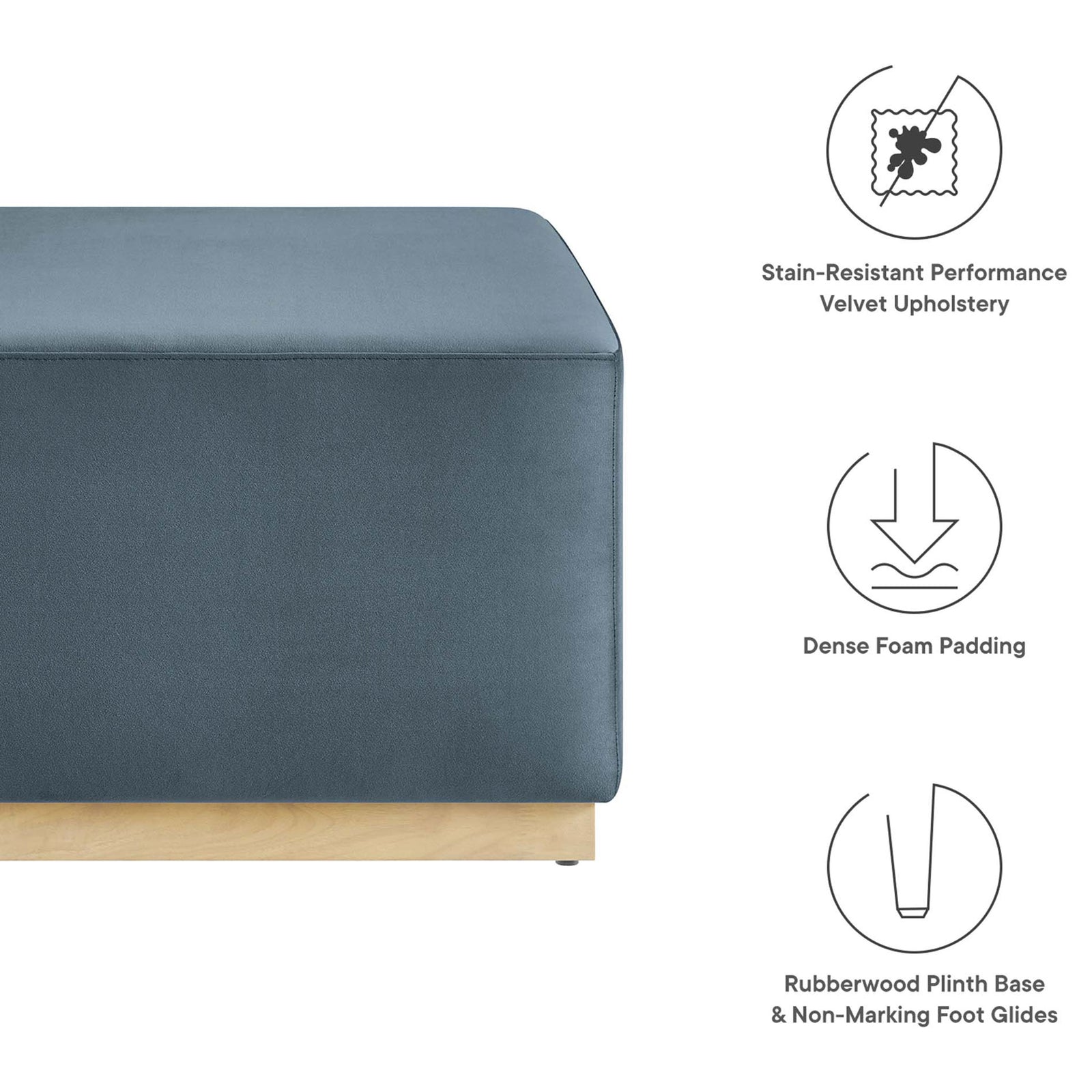 Features stain resistant performance velvet, dense foam cushioning, and a sturdy rubberwood plinth base || EEI-6643-CAB-NAT || callout_studio