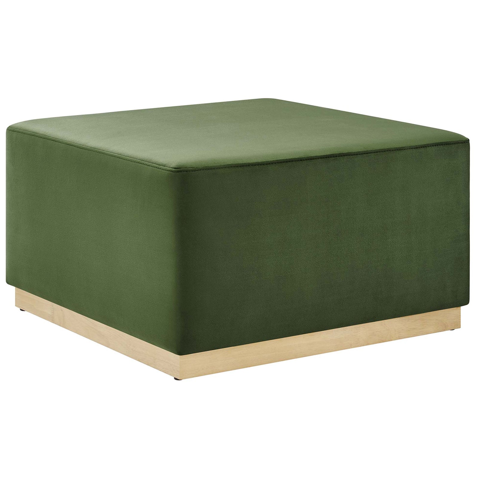 Moss green performance velvet ottoman with natural wood plinth base and clean modern cube silhouette || EEI-6643-MOG-NAT || front_angle_studio