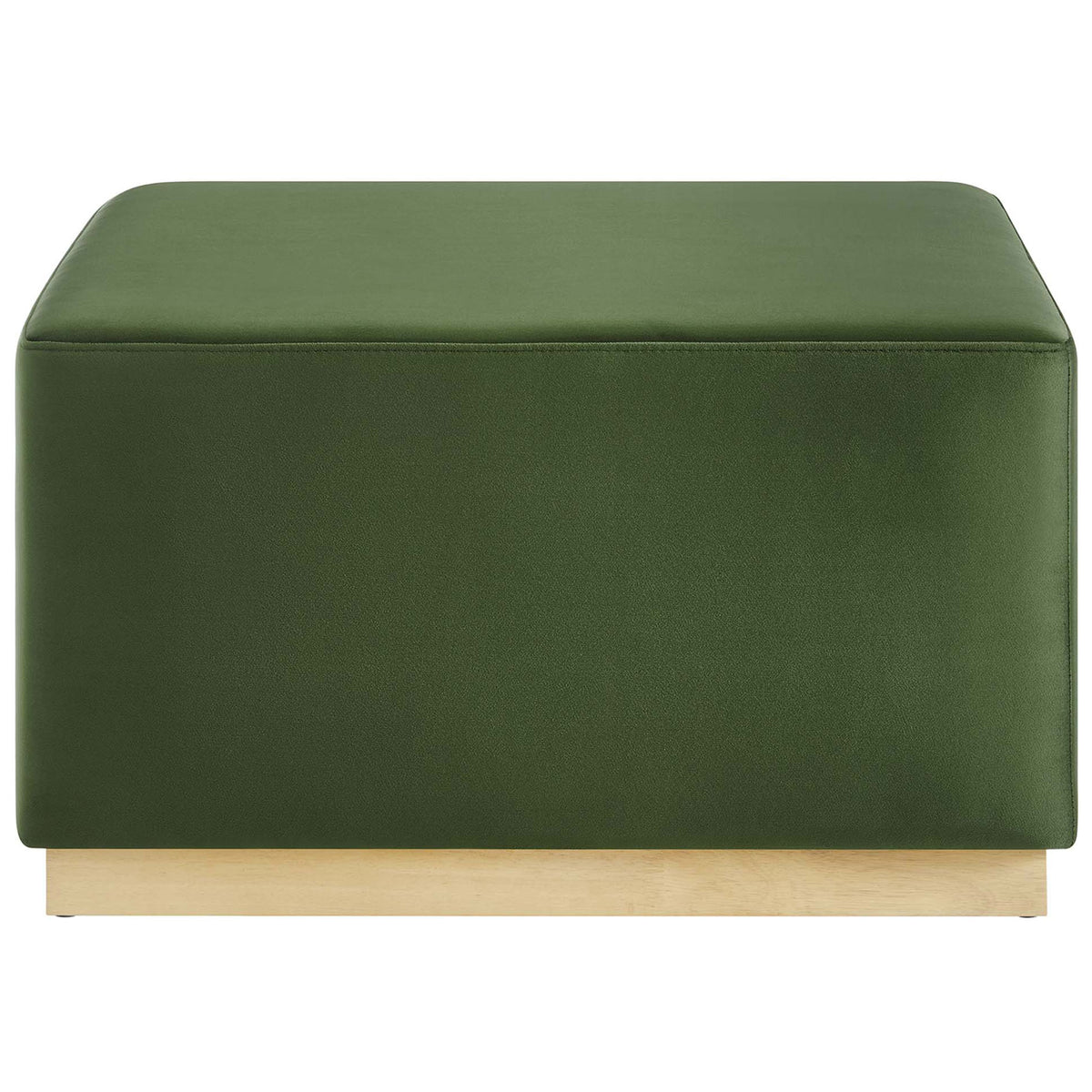 Large moss green velvet ottoman offers a streamlined modern profile and generous 28 inch square seating surface || EEI-6643-MOG-NAT || front_studio